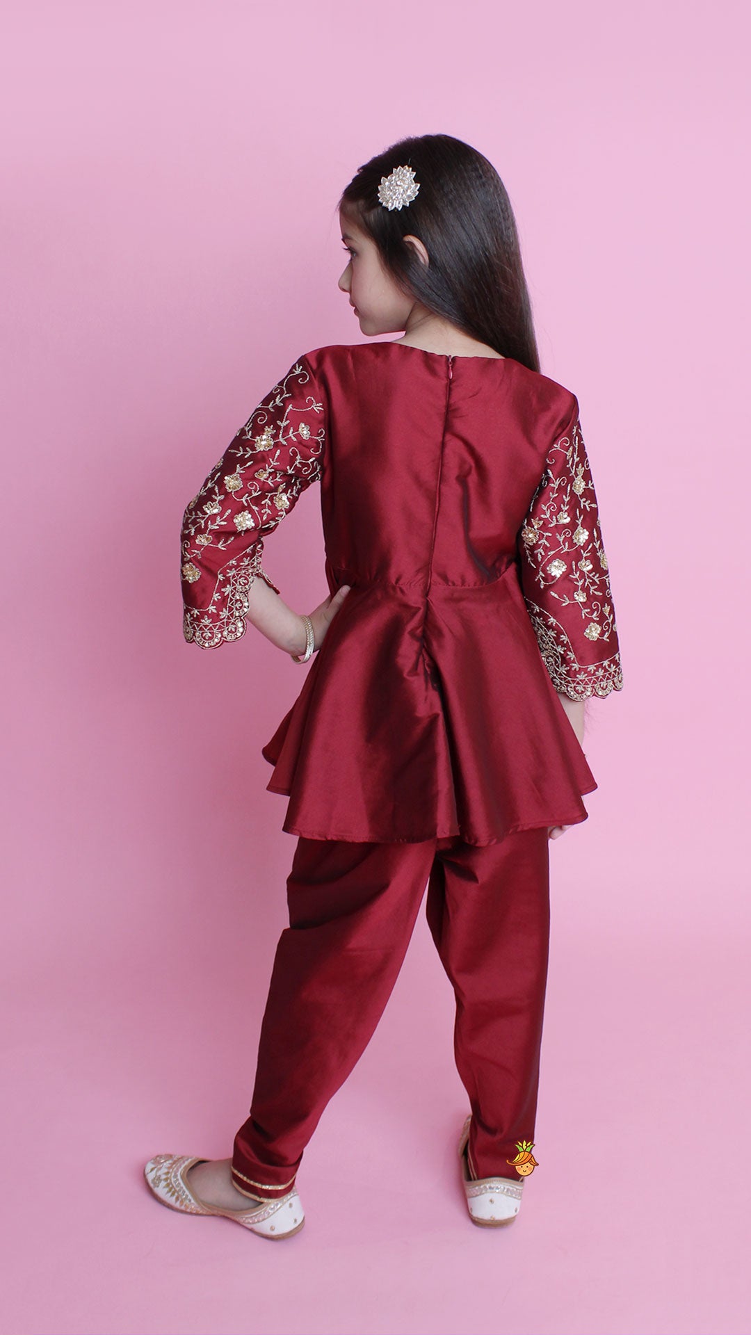 Pre Order: Maroon Embroidered Kurti And Tulip Dhoti