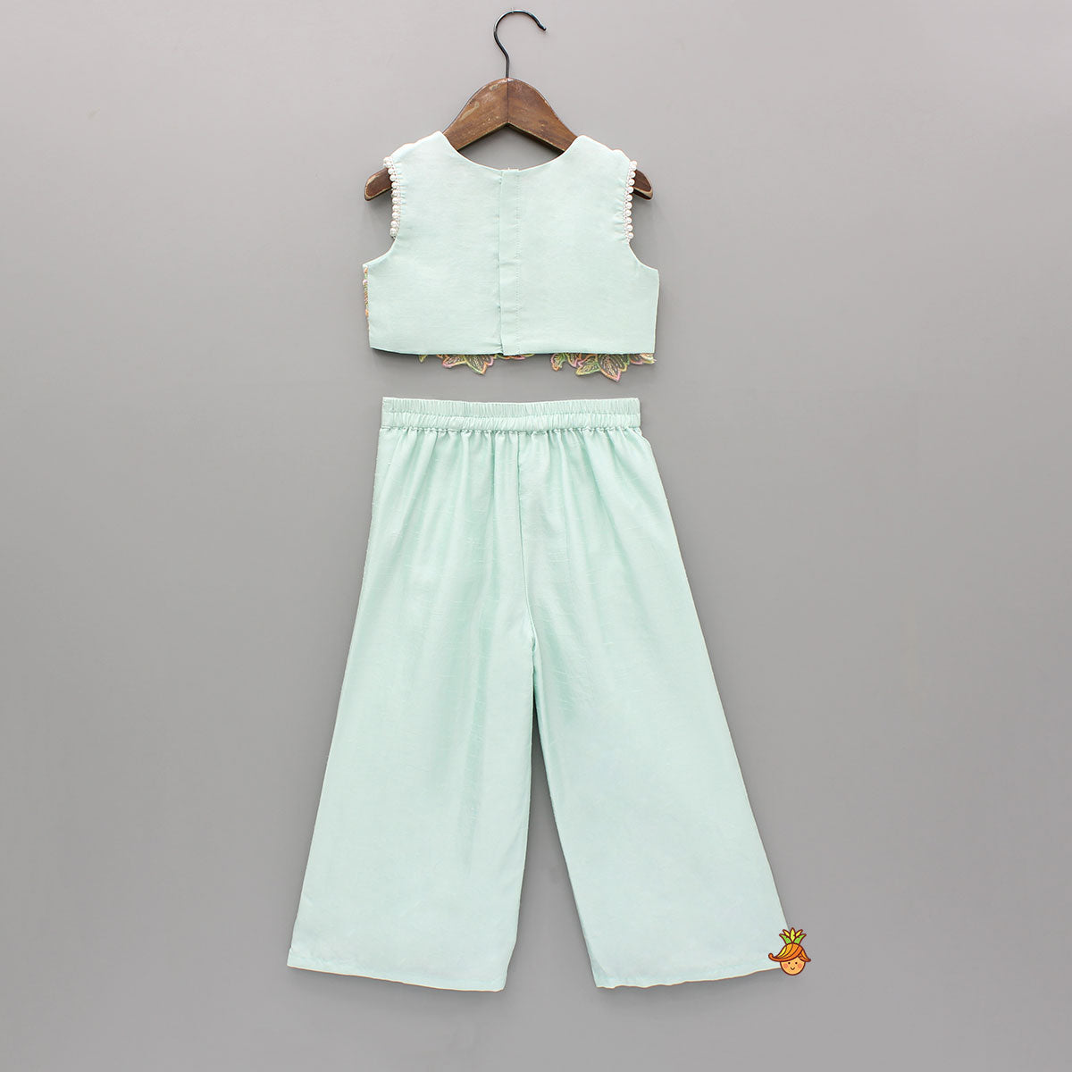 Pre Order: Embroidered Green Top And Pleated Palazzo With Matching Bow Hair Clip