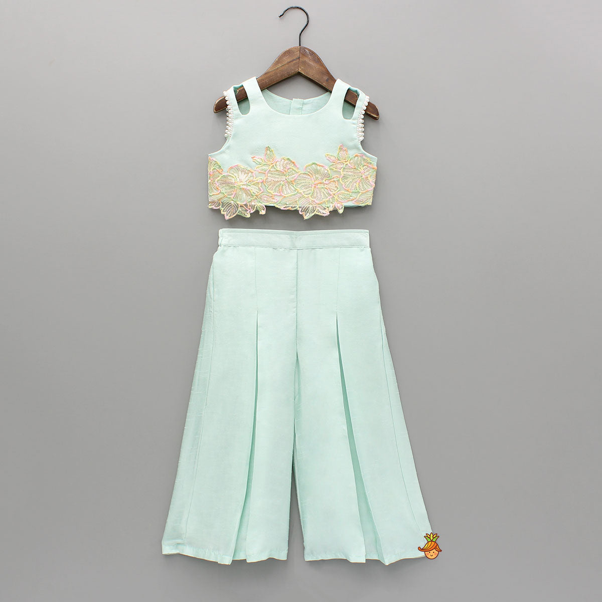 Pre Order: Embroidered Green Top And Pleated Palazzo With Matching Bow Hair Clip