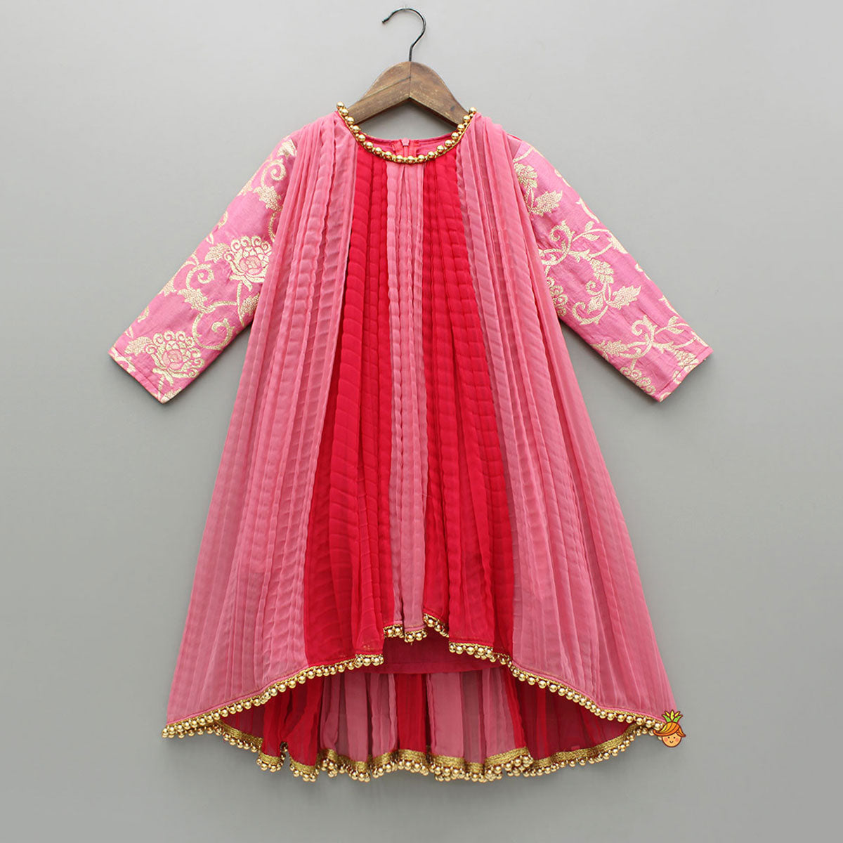 Pre Order: Dual Tone Embroidered Sleeves High Low Kurti