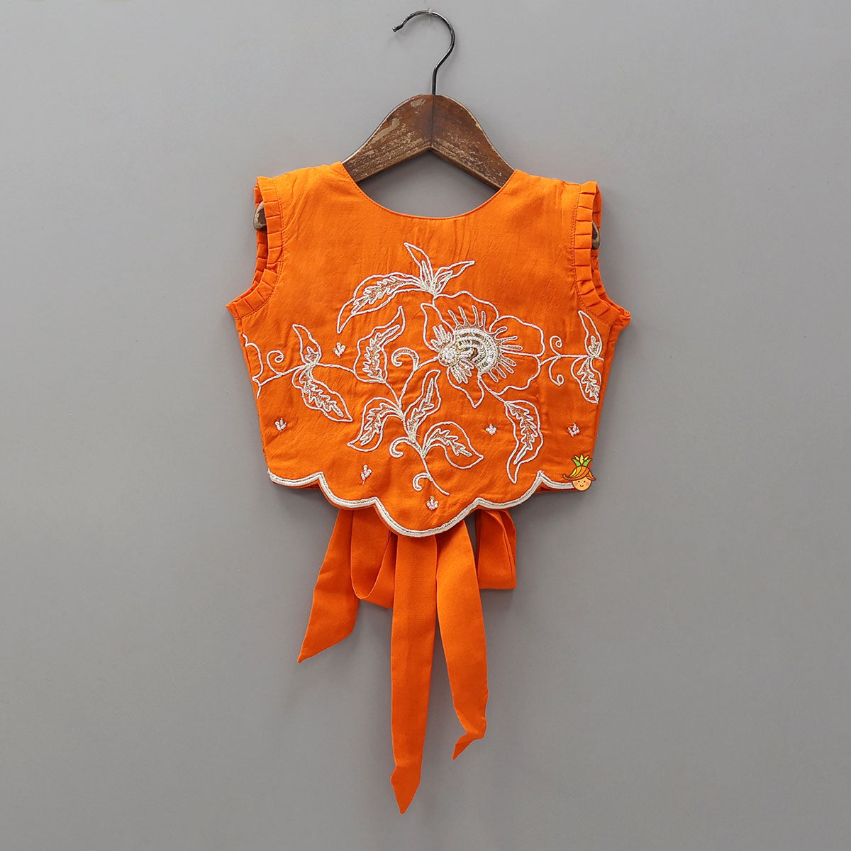 Pre Order: Orange Embroidered Dual Back Knot Detailed Top And Lehenga With Scalloped Hem Detailing
