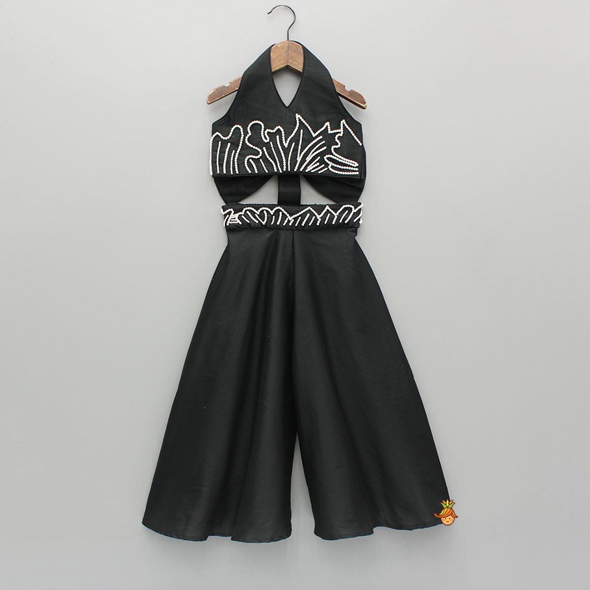 Pre Order: Black Halter Neck Top With Back Bow Detail And Flared Palazzo