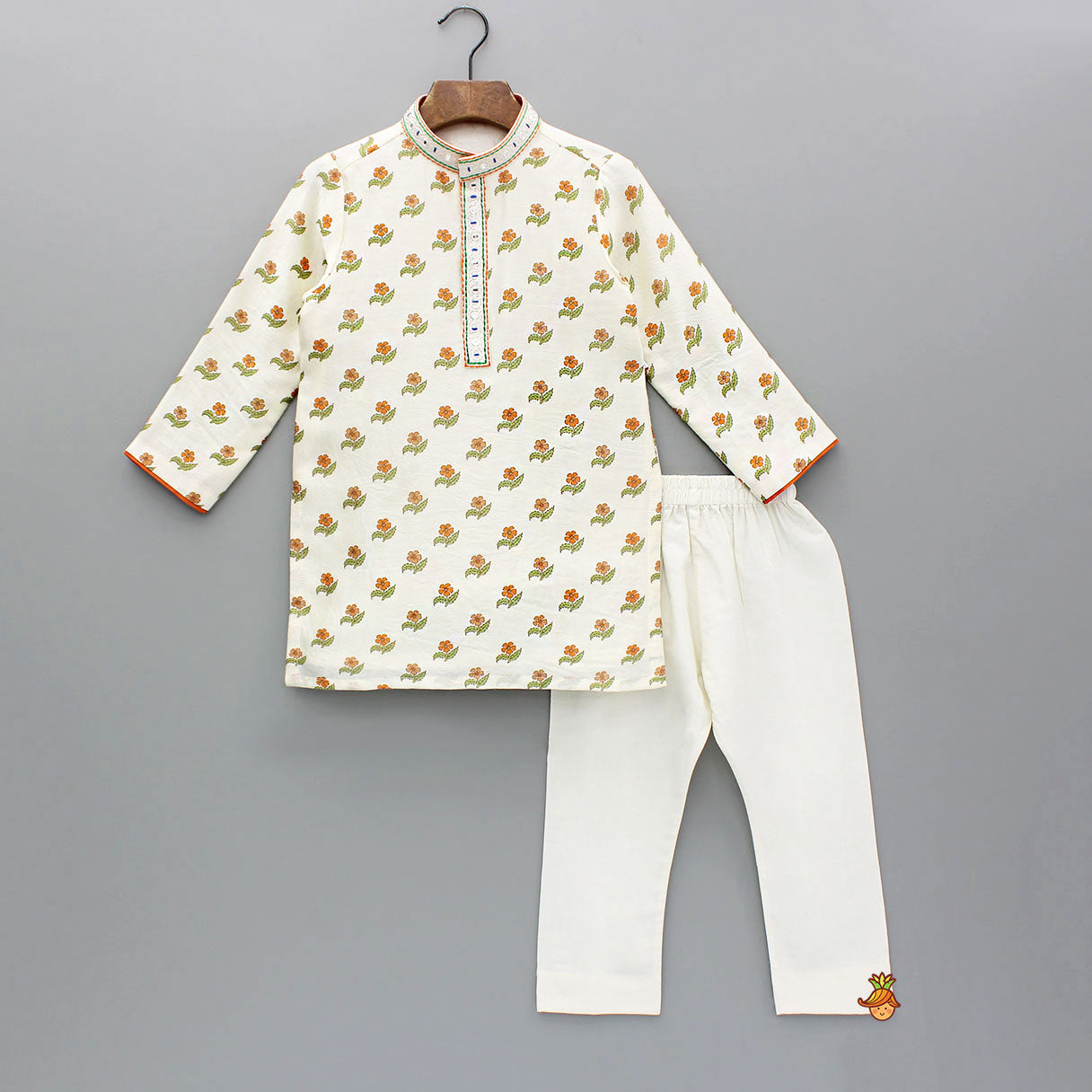 Pre Order: Floral Printed And Faux Mirror Work Embroidered Kurta With Pyjama