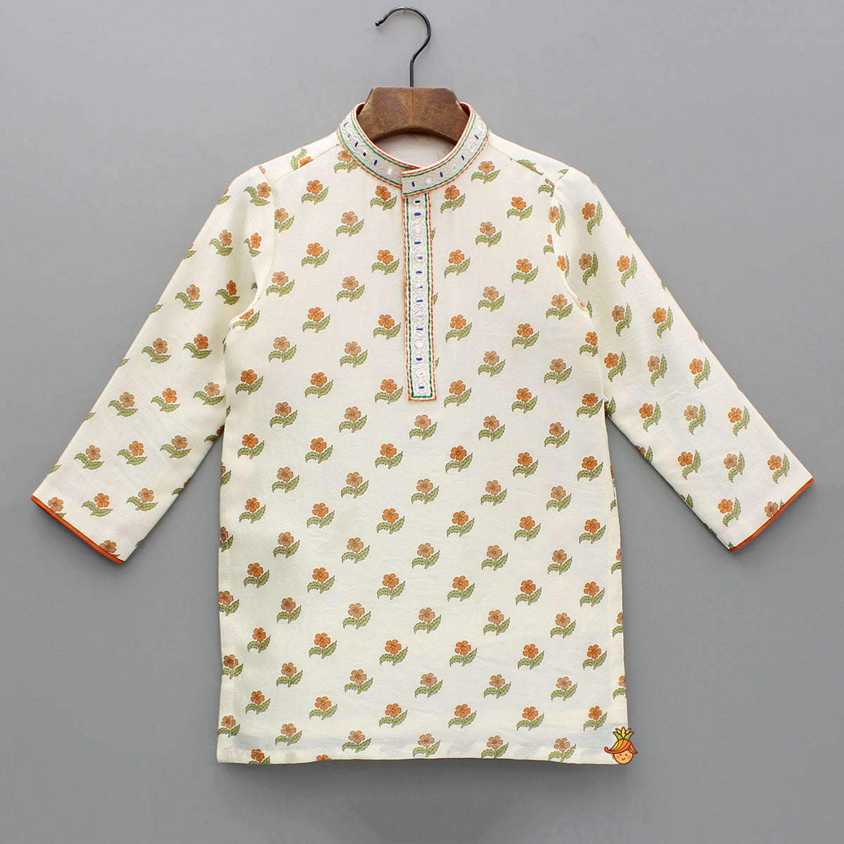Pre Order: Floral Printed And Faux Mirror Work Embroidered Kurta With Pyjama