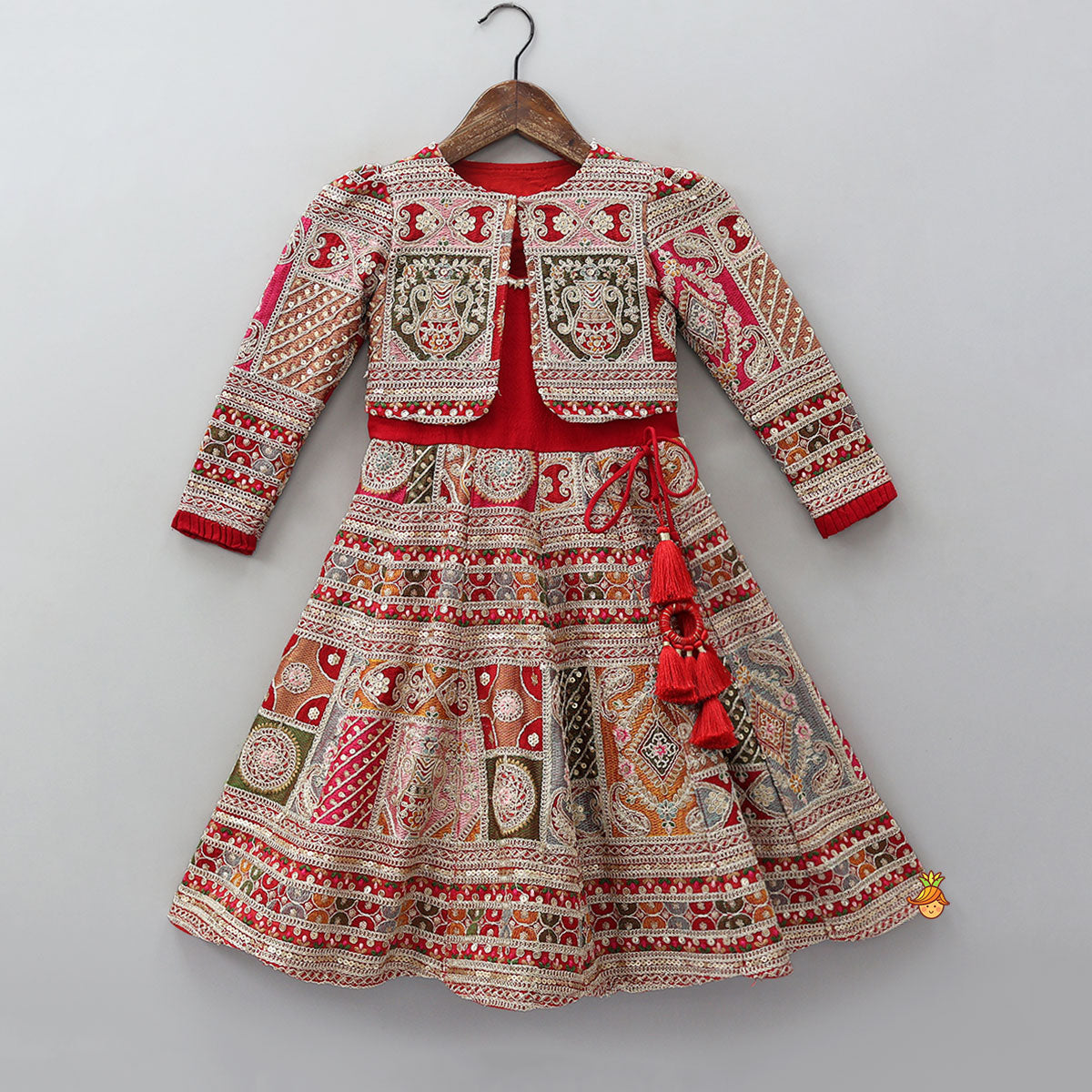 Pre Order: Red Strappy Heavy Embroidered Kurti With Matching Embroidered Jacket