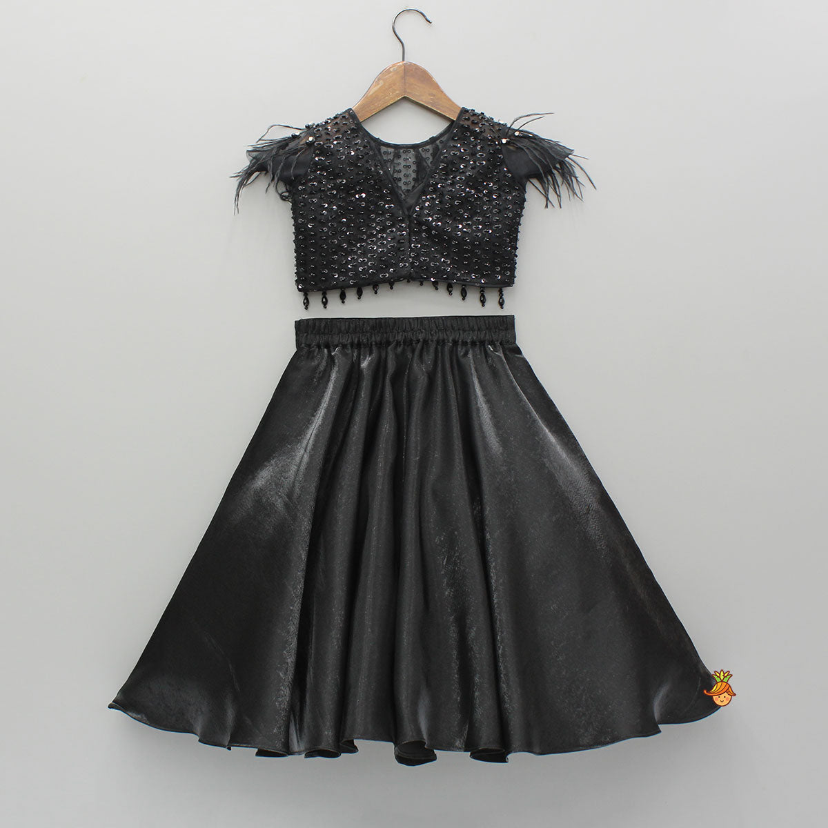 Pre Order: Black Embroidered Embellished Top And Lehenga
