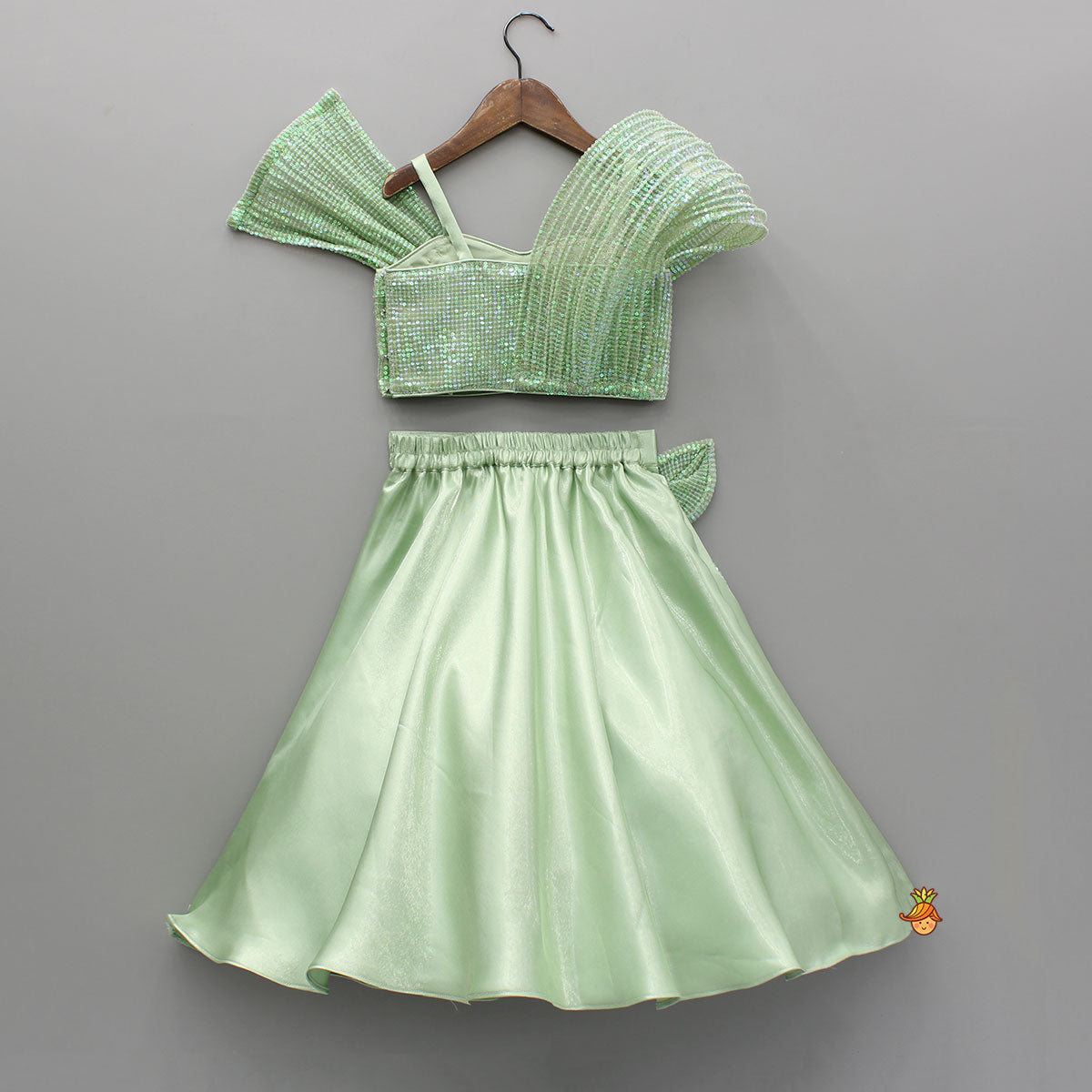 Pre Order: Green Sequin Embellished Strappy Top With Stiff Belt And Lehenga