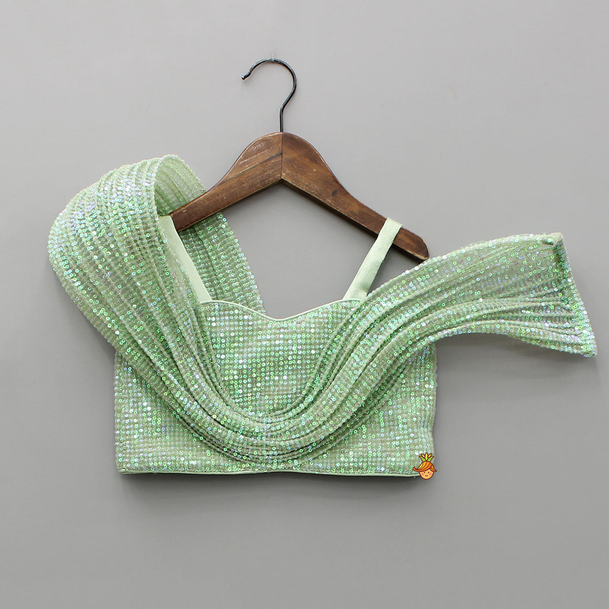 Pre Order: Green Sequin Embellished Strappy Top With Stiff Belt And Lehenga