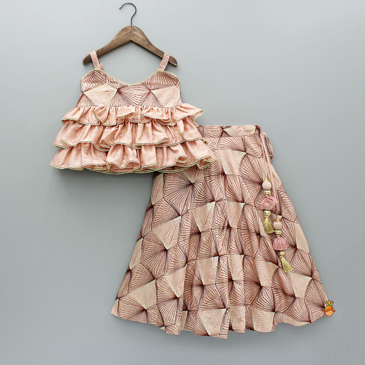 Pre Order: Peach Embroidered Strappy Ruffle Layered Top and Lehenga