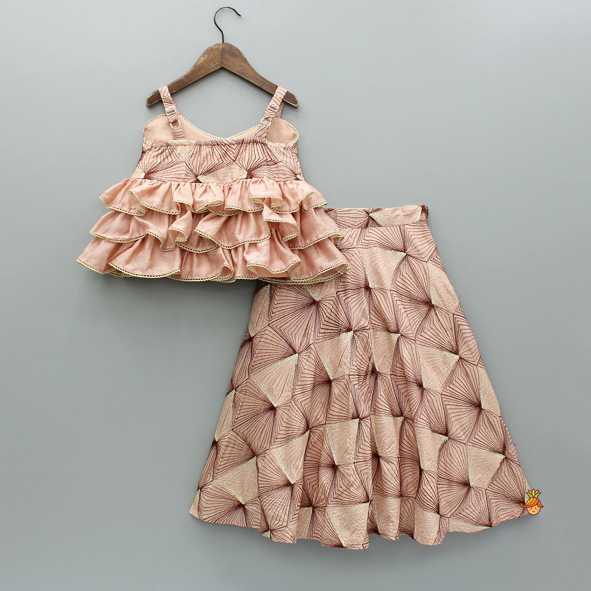Pre Order: Peach Embroidered Strappy Ruffle Layered Top and Lehenga