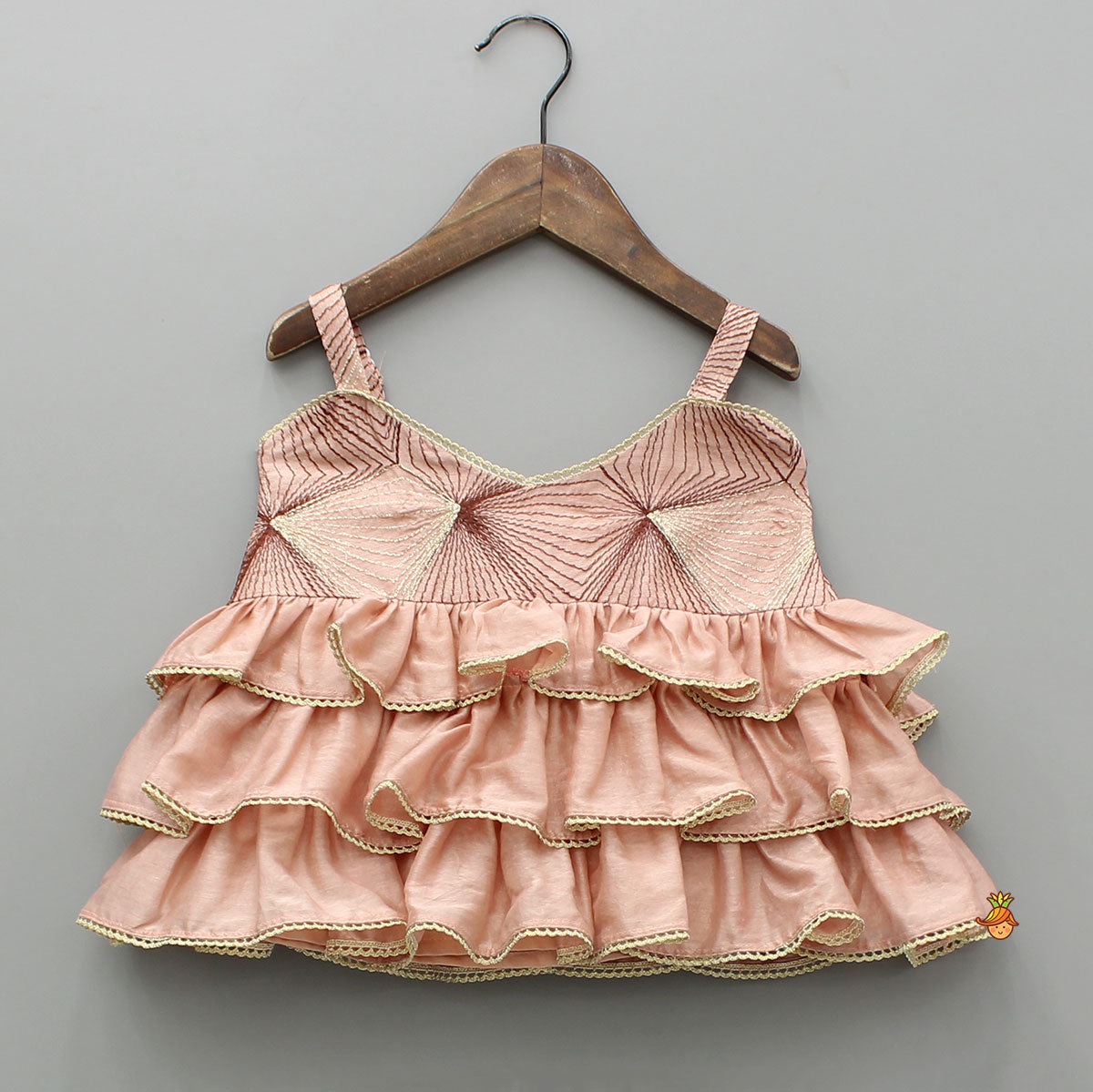 Pre Order: Peach Embroidered Strappy Ruffle Layered Top and Lehenga