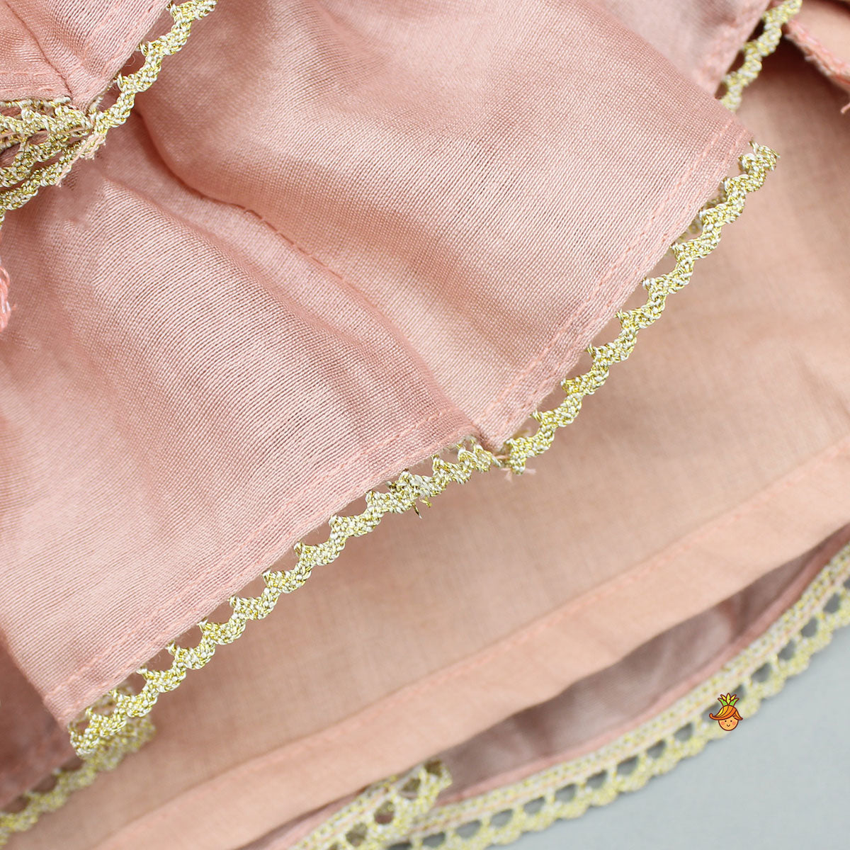 Pre Order: Peach Embroidered Strappy Ruffle Layered Top and Lehenga
