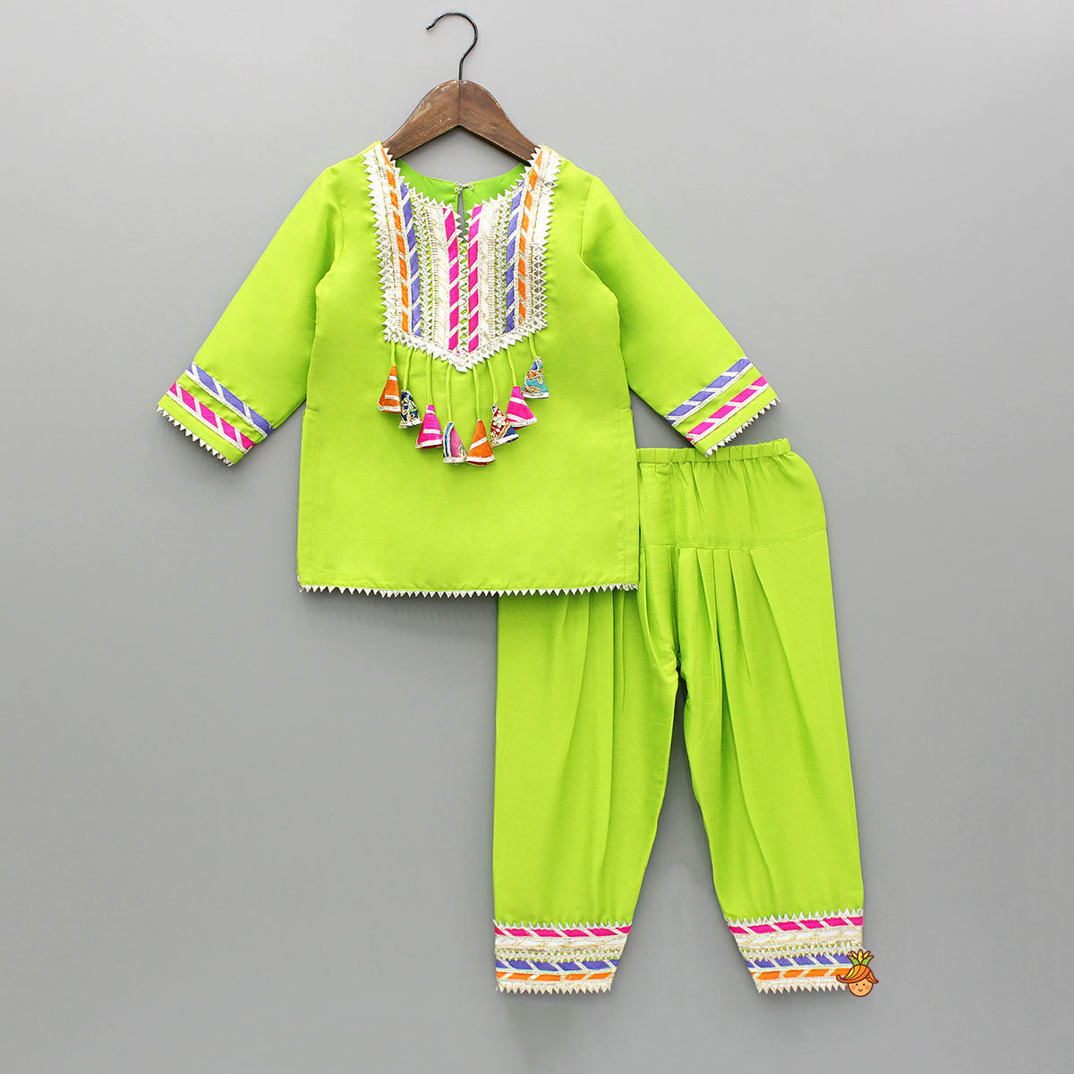 Pre Order: Green Gota Lace Work Kurti And Salwar With Matching Dupatta