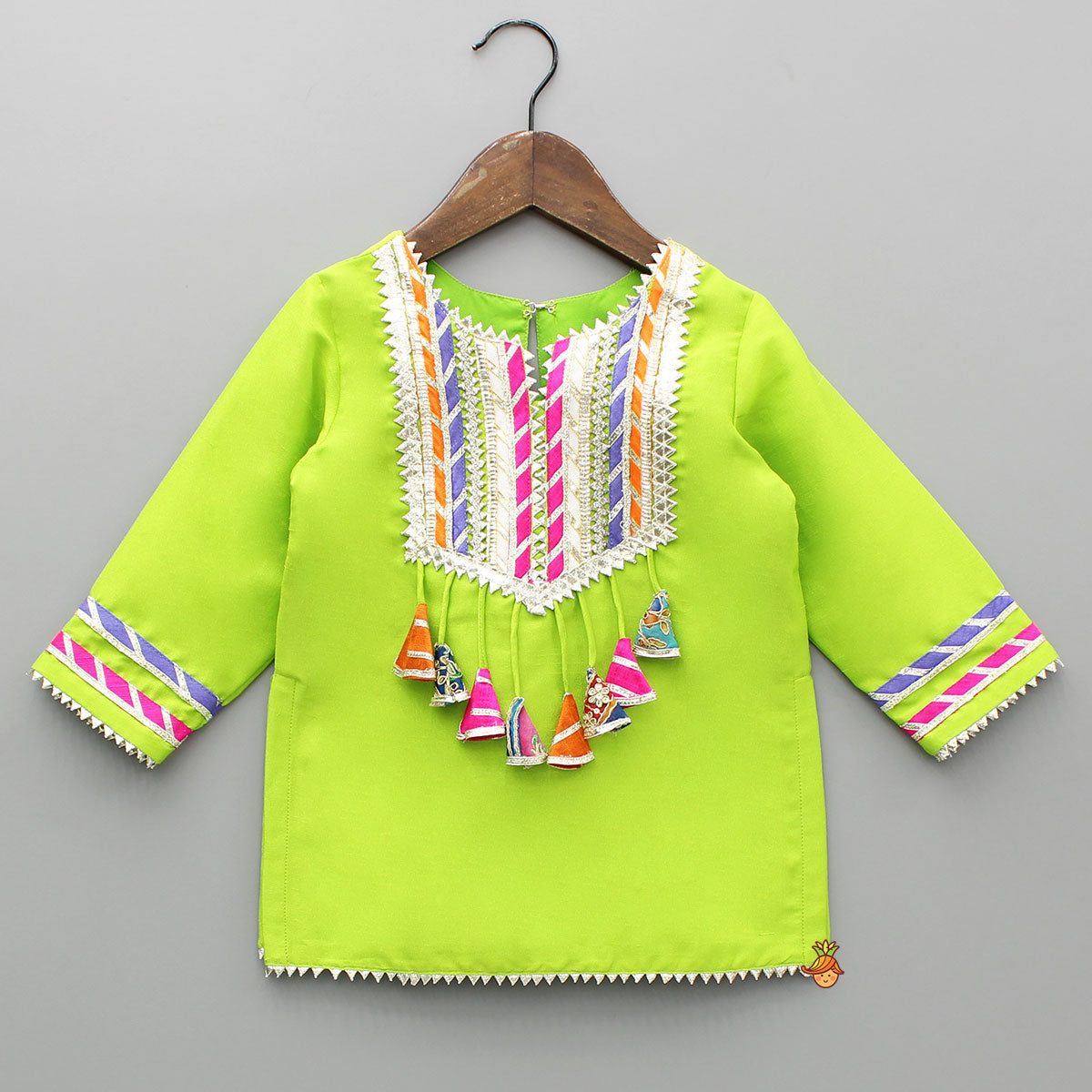 Pre Order: Green Gota Lace Work Kurti And Salwar With Matching Dupatta