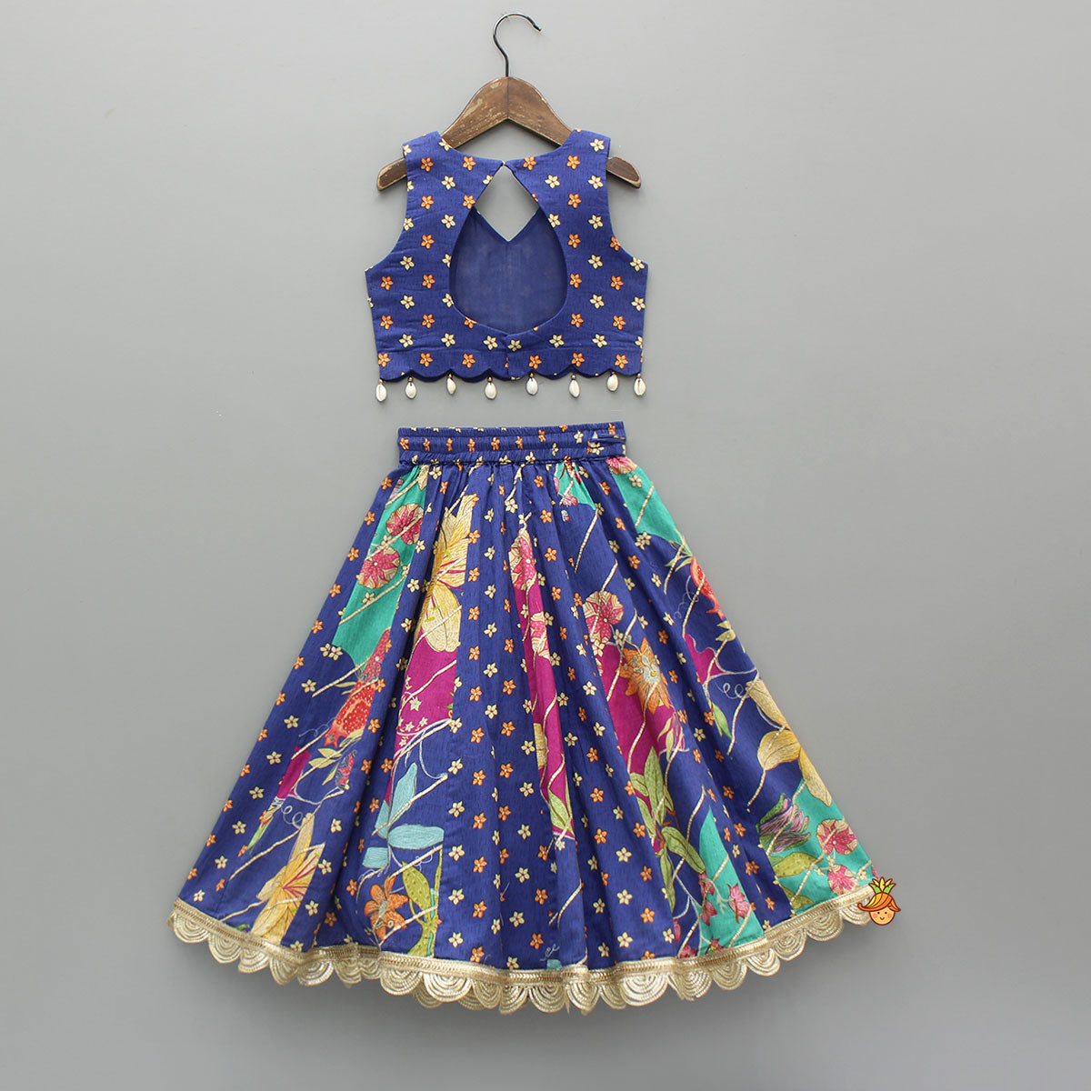 Pre Order: Floral Printed Embellished Top And Gota Lace Work Lehenga