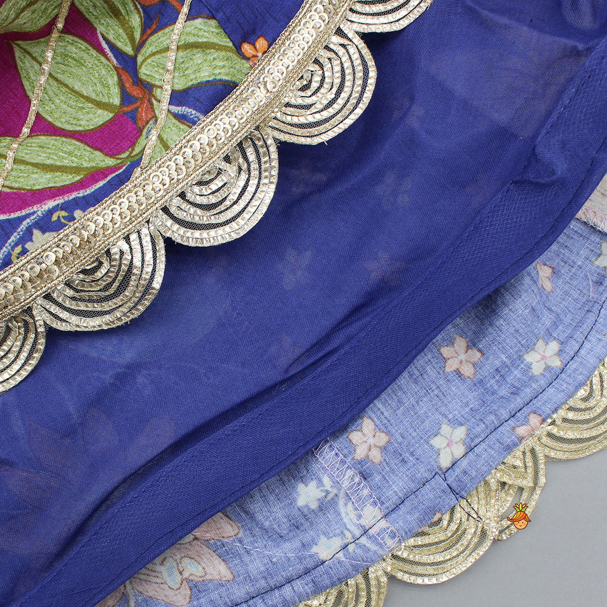 Pre Order: Floral Printed Embellished Top And Gota Lace Work Lehenga