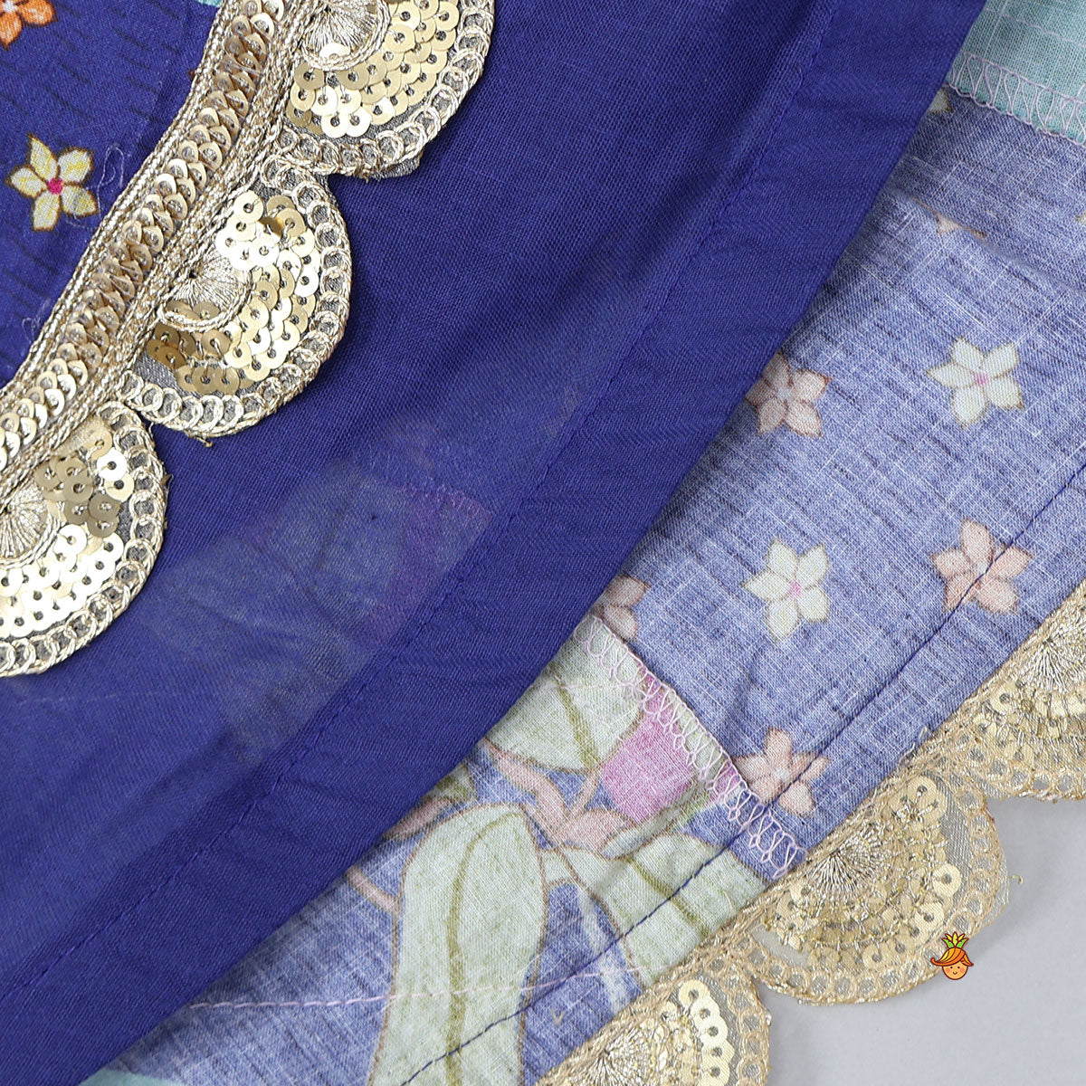Pre Order: Floral Printed Embellished Top And Gota Lace Work Lehenga