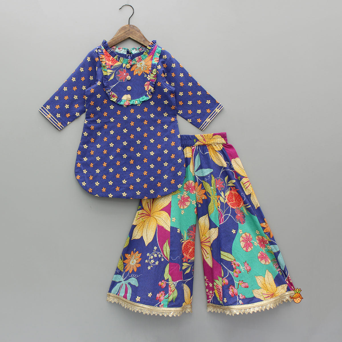 Pre Order: Floral Printed Ruffle Detailed Kurti And Flared Palazzo
