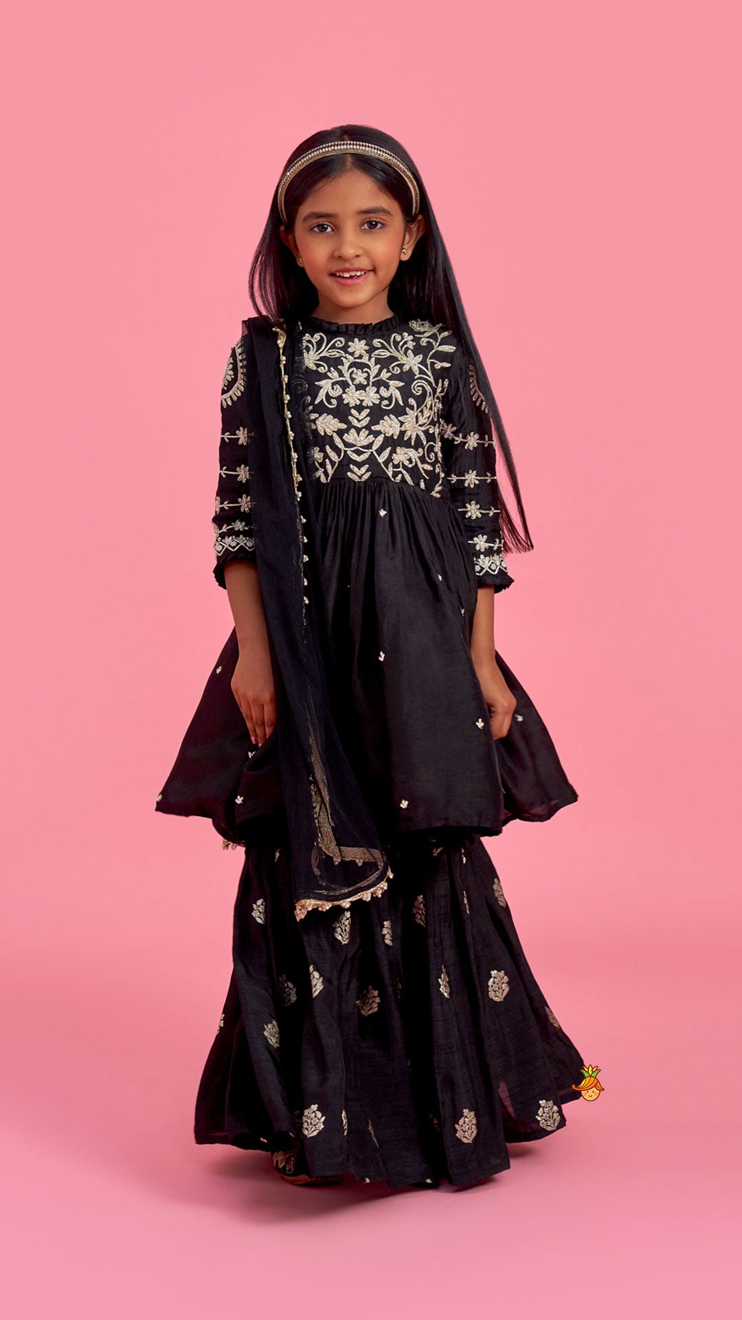 Pre Order: Black Embroidered Pleats Detailed Kurti And Sharara With Dupatta