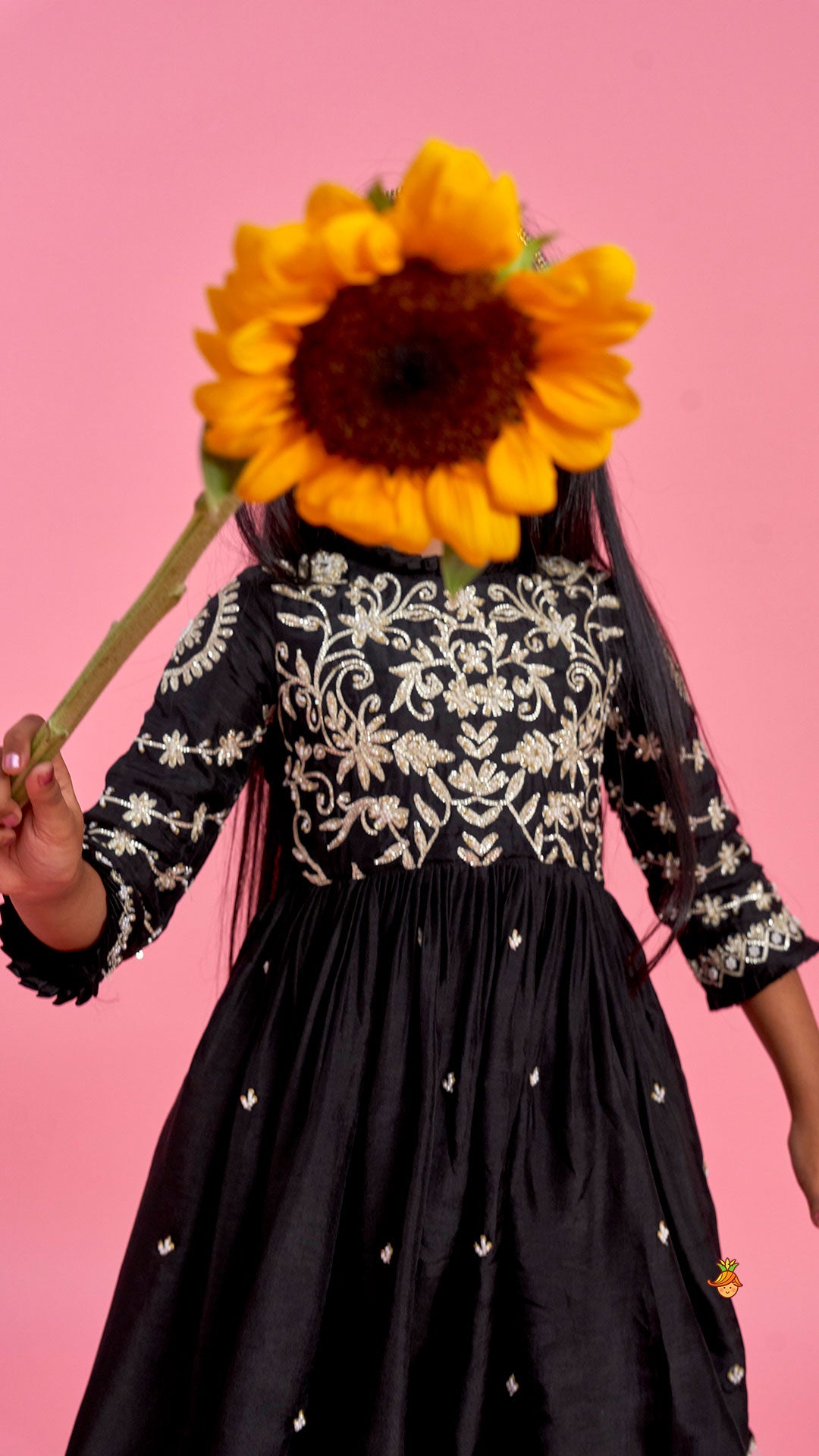 Pre Order: Black Embroidered Pleats Detailed Kurti And Sharara With Dupatta