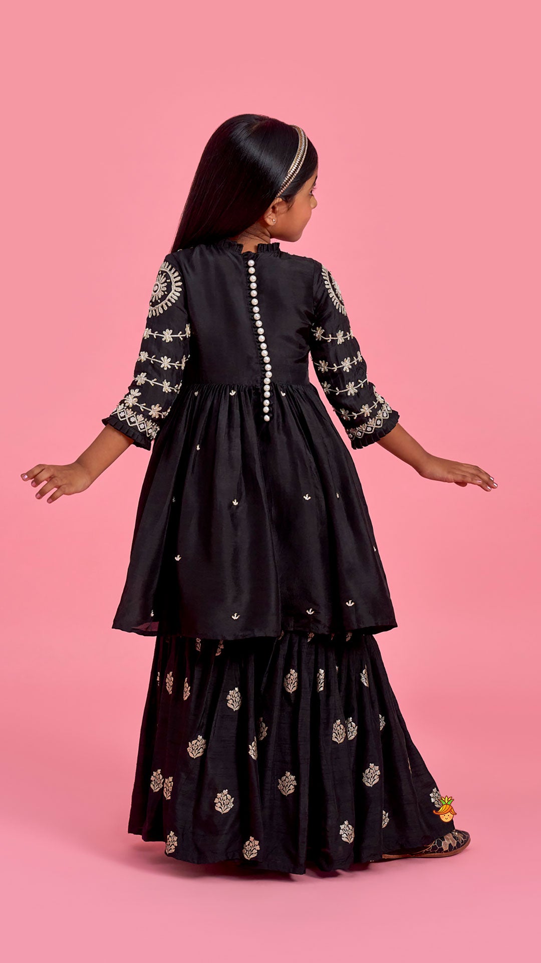 Pre Order: Black Embroidered Pleats Detailed Kurti And Sharara With Dupatta