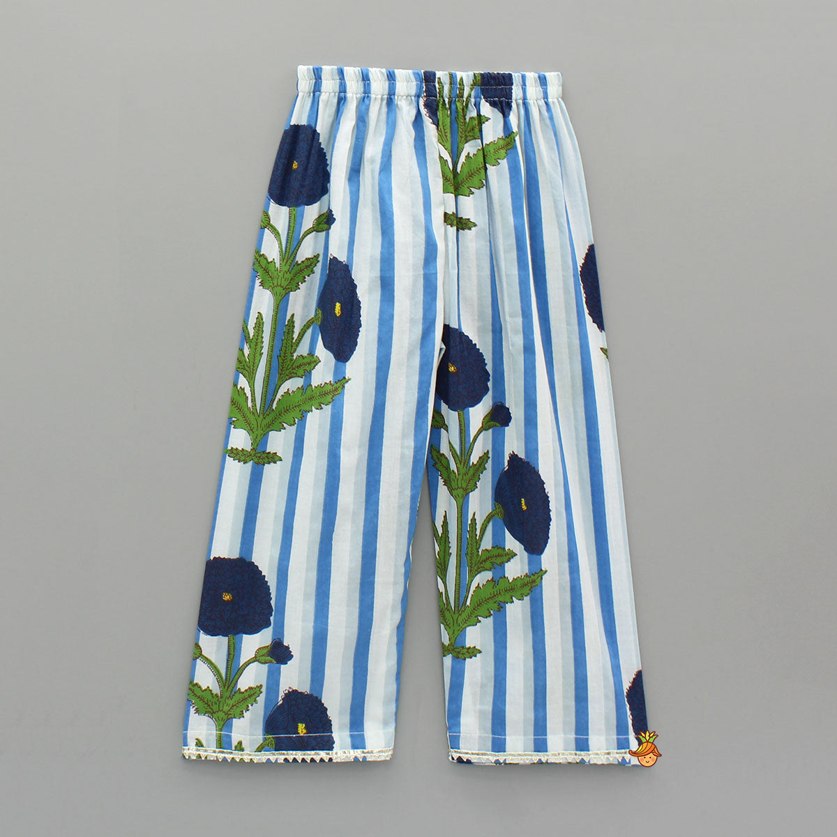 Pre Order: Blue Printed Gota Lace Detailed Kurti And Pant