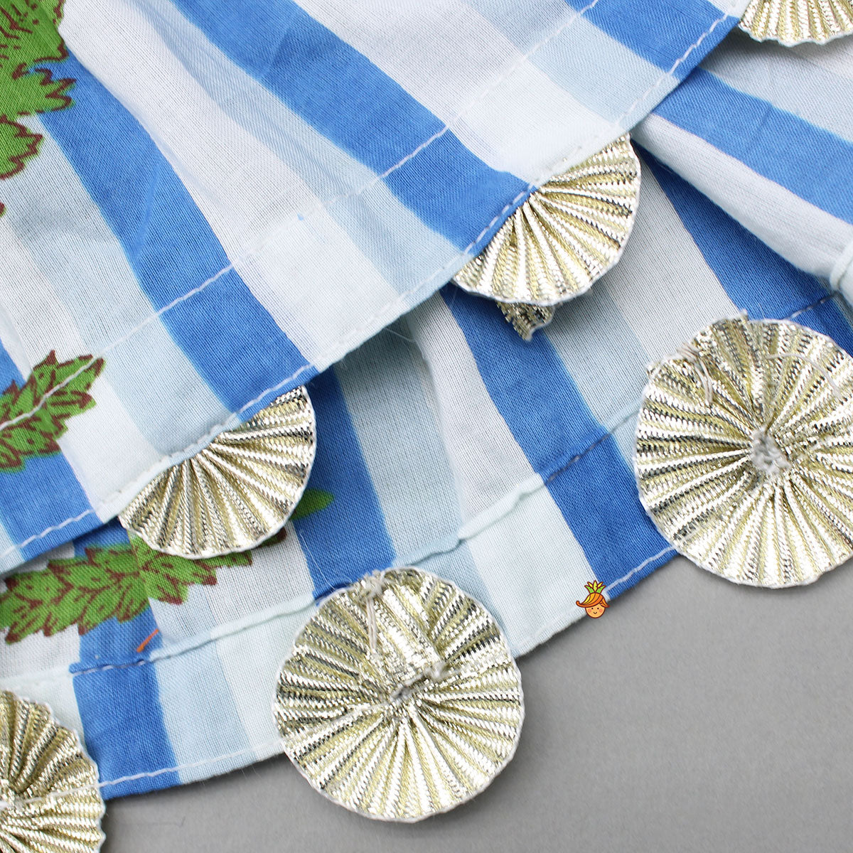 Pre Order: Blue Printed Gota Lace Detailed Kurti And Pant