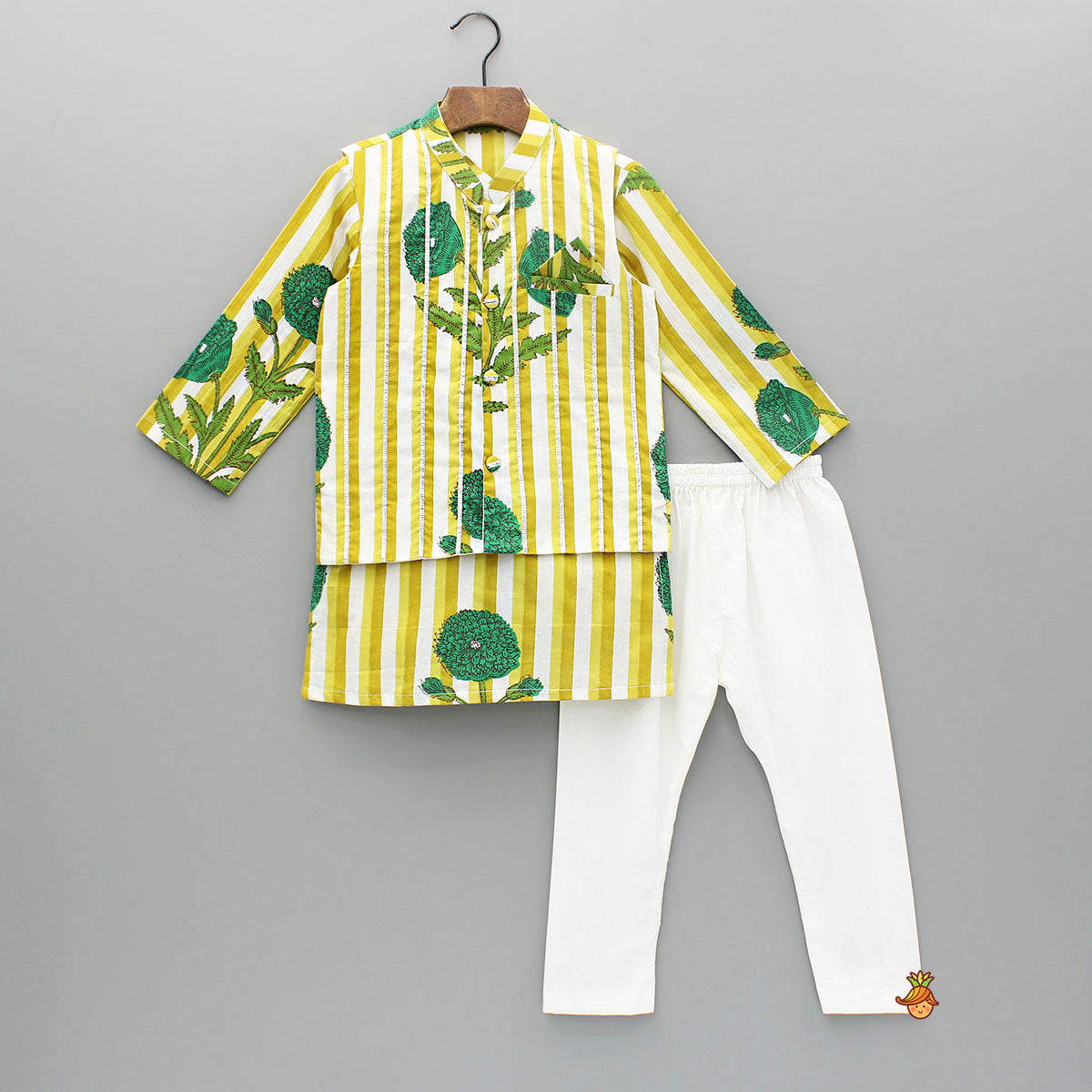 Pre Order: Yellow Floral Printed Kurta With Gota Lace Detailed Jacket And Pyjama