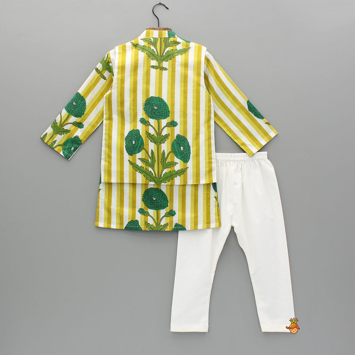 Pre Order: Yellow Floral Printed Kurta With Gota Lace Detailed Jacket And Pyjama