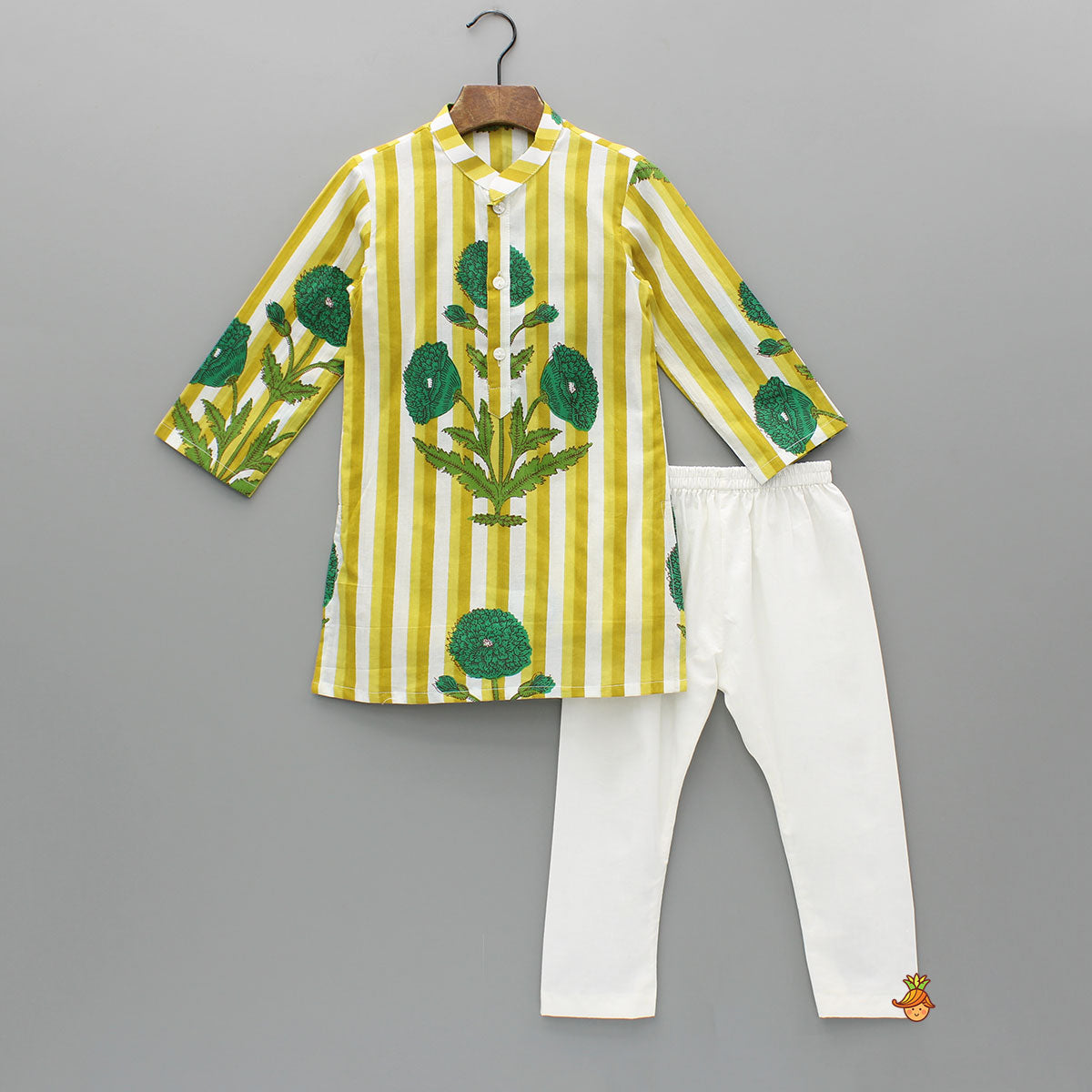 Pre Order: Yellow Floral Printed Kurta With Gota Lace Detailed Jacket And Pyjama