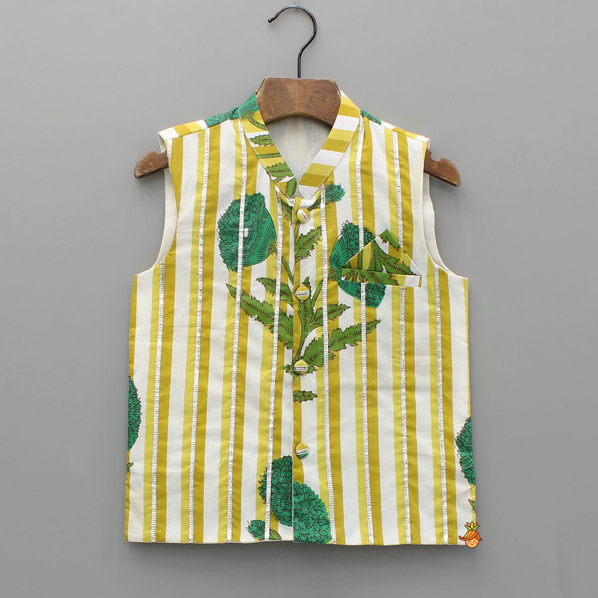 Pre Order: Yellow Floral Printed Kurta With Gota Lace Detailed Jacket And Pyjama