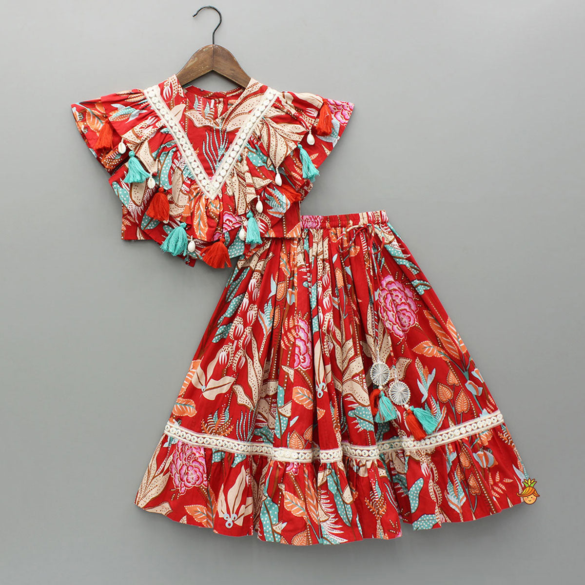 Pre Order: Red Multicolour Printed Top With Frilly Layers And Lehenga