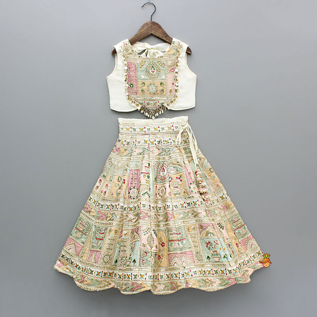 Pre Order: Off White Multicolour Embroidered And Embellished Top With Lehenga