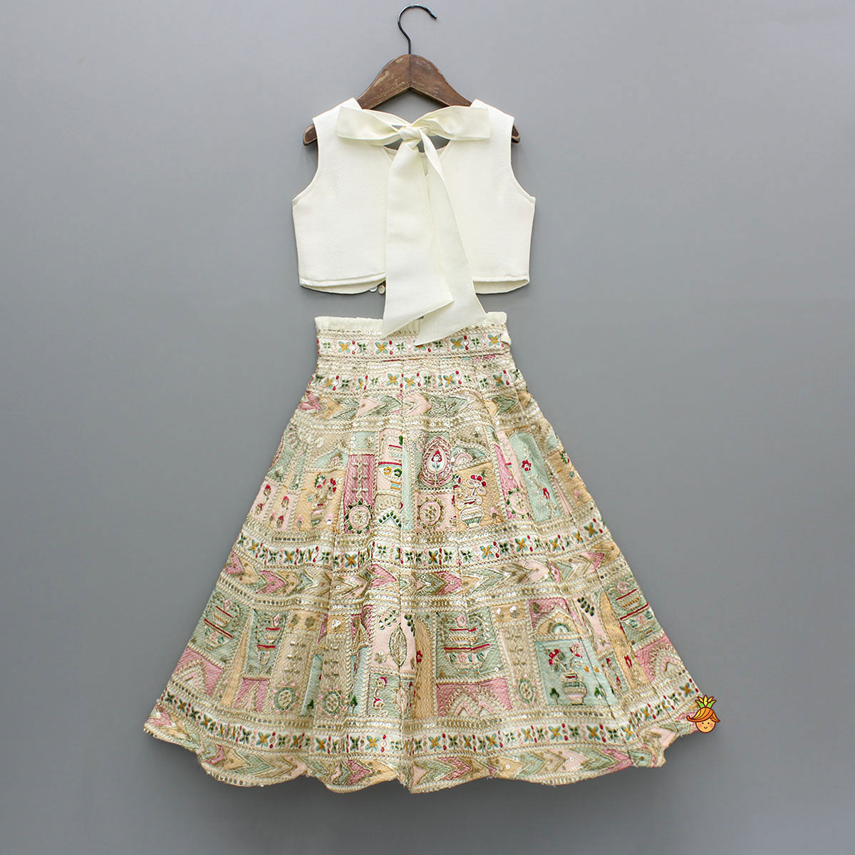 Pre Order: Off White Multicolour Embroidered And Embellished Top With Lehenga