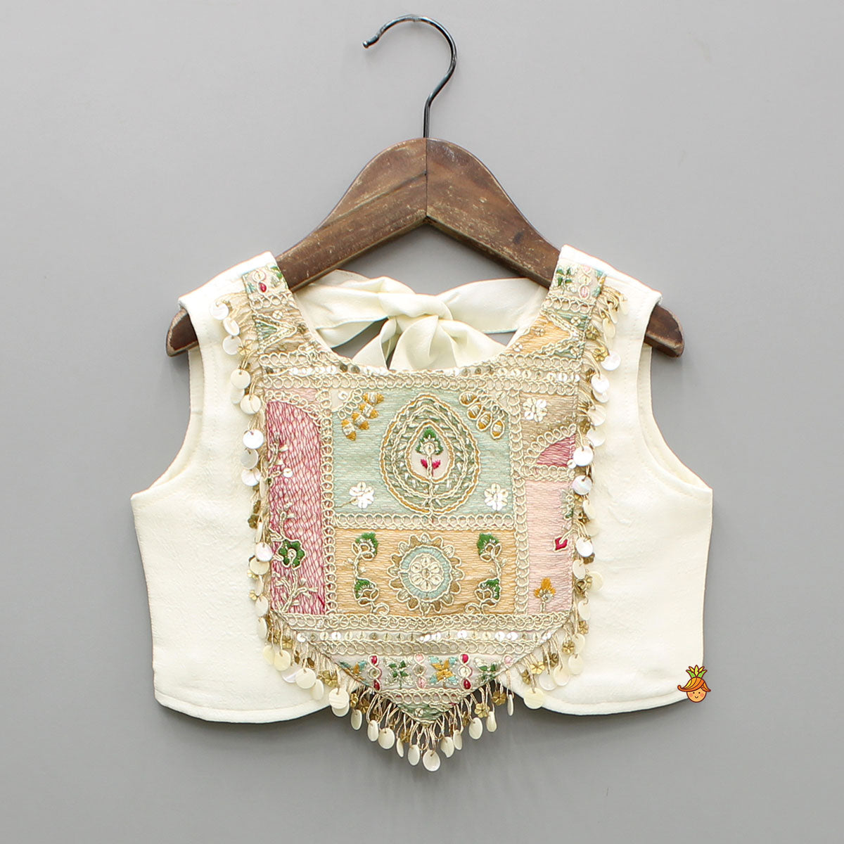 Pre Order: Off White Multicolour Embroidered And Embellished Top With Lehenga