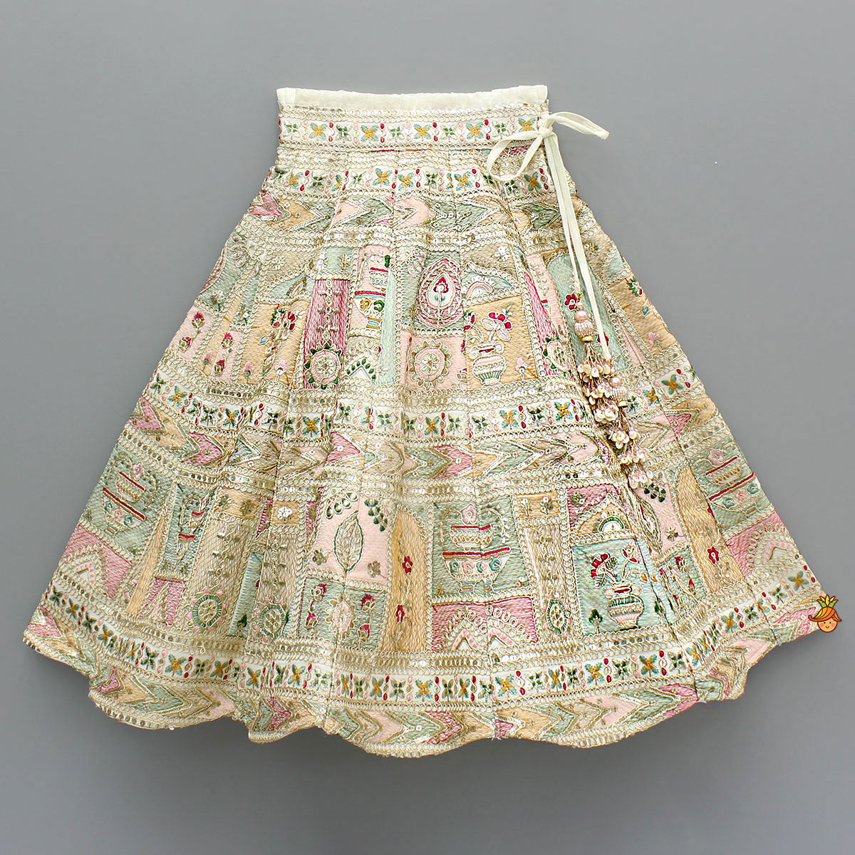 Pre Order: Off White Multicolour Embroidered And Embellished Top With Lehenga