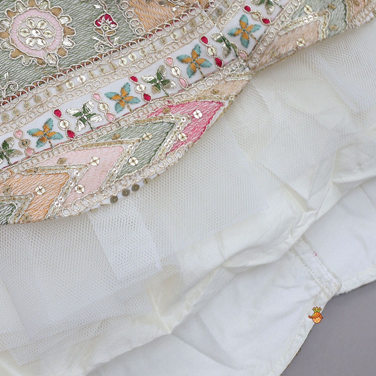 Pre Order: Off White Multicolour Embroidered And Embellished Top With Lehenga