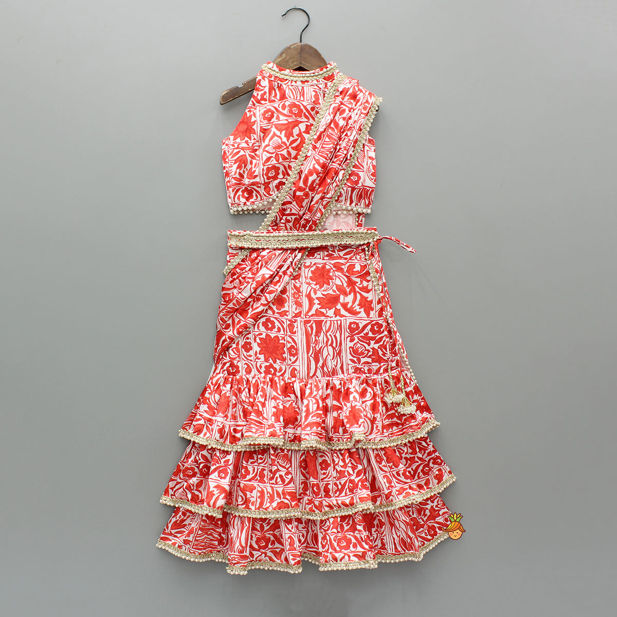 Pre Order: Red Printed Halter Neck Embellished Top And Layered Lehenga With Attached Draped Dupatta