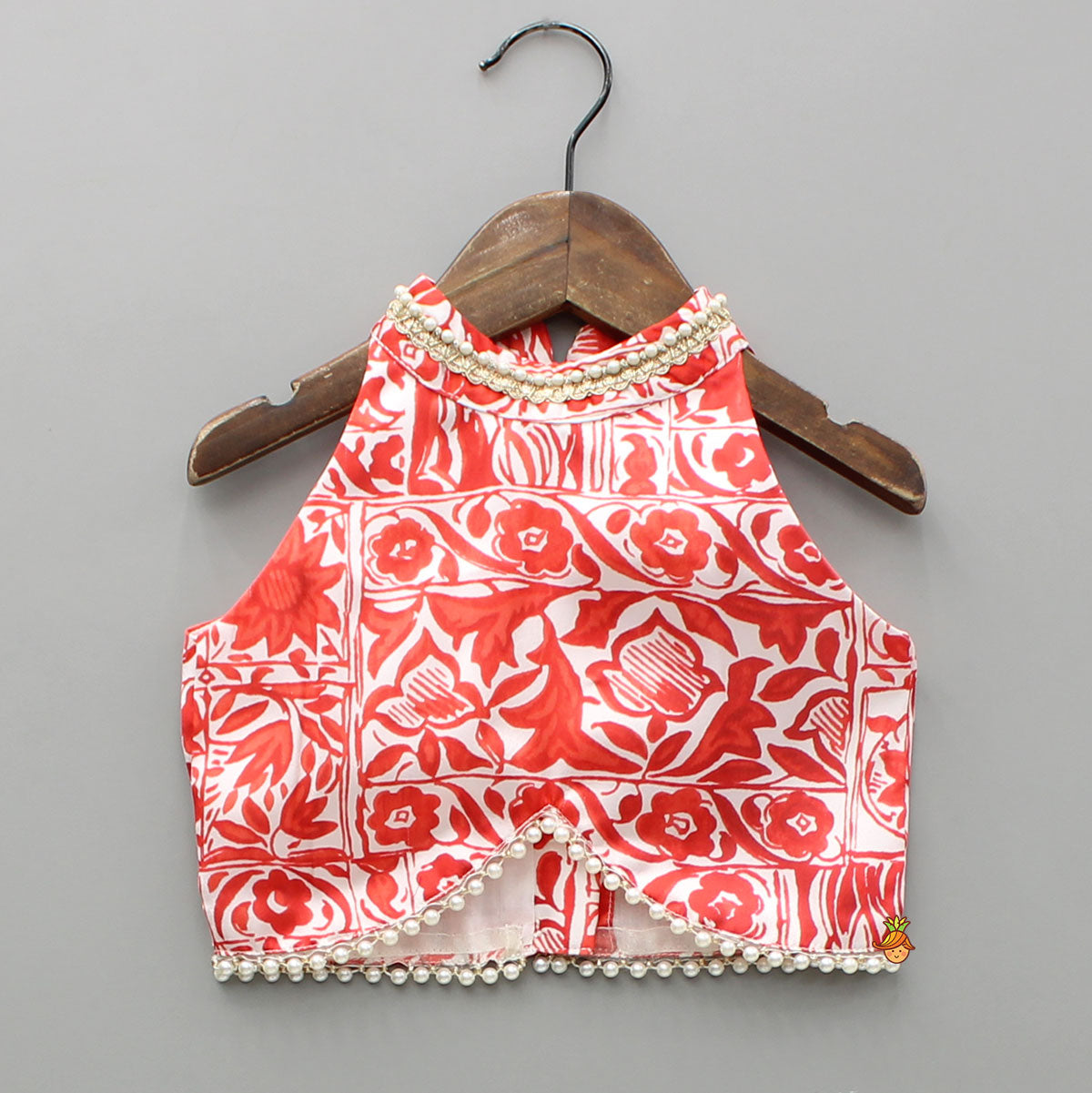 Pre Order: Red Printed Halter Neck Embellished Top And Layered Lehenga With Attached Draped Dupatta