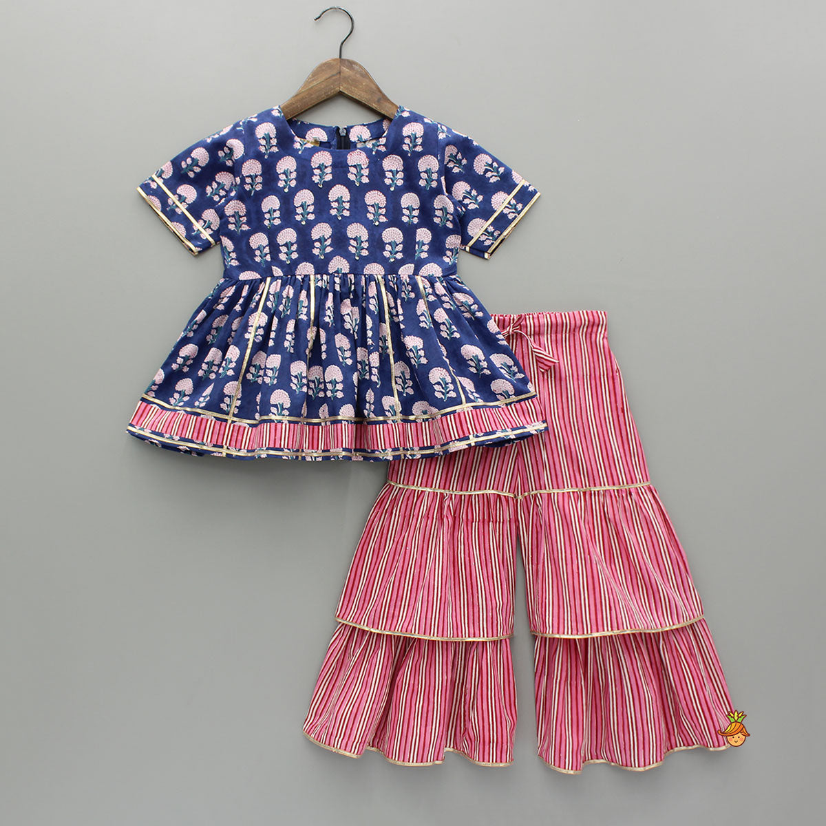 Blue Floral Printed Kurti With Pink Stripe Printed Layered Sharara