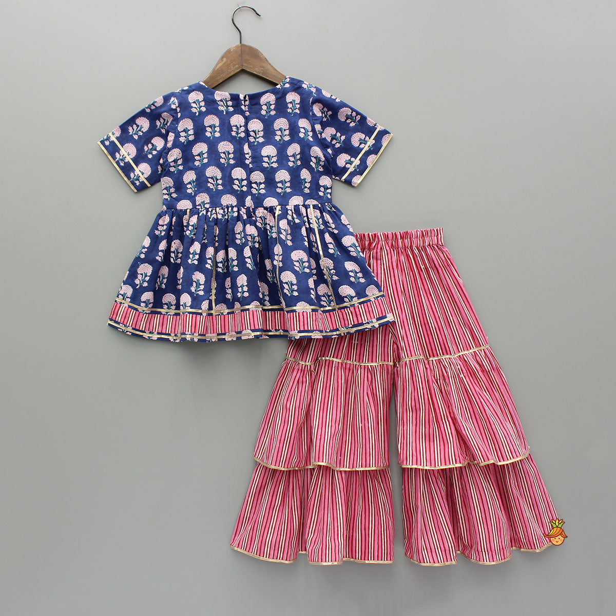 Blue Floral Printed Kurti With Pink Stripe Printed Layered Sharara