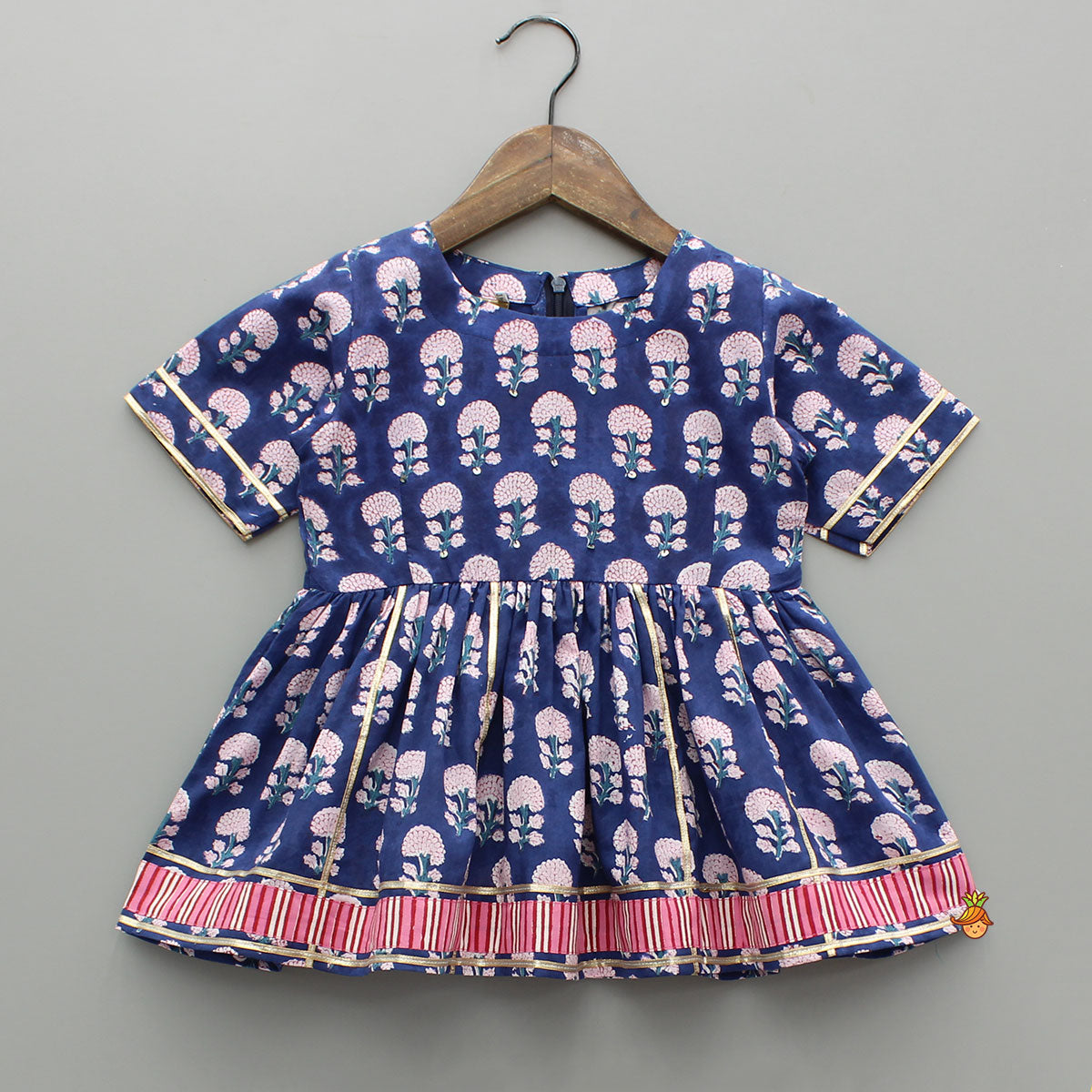 Blue Floral Printed Kurti With Pink Stripe Printed Layered Sharara