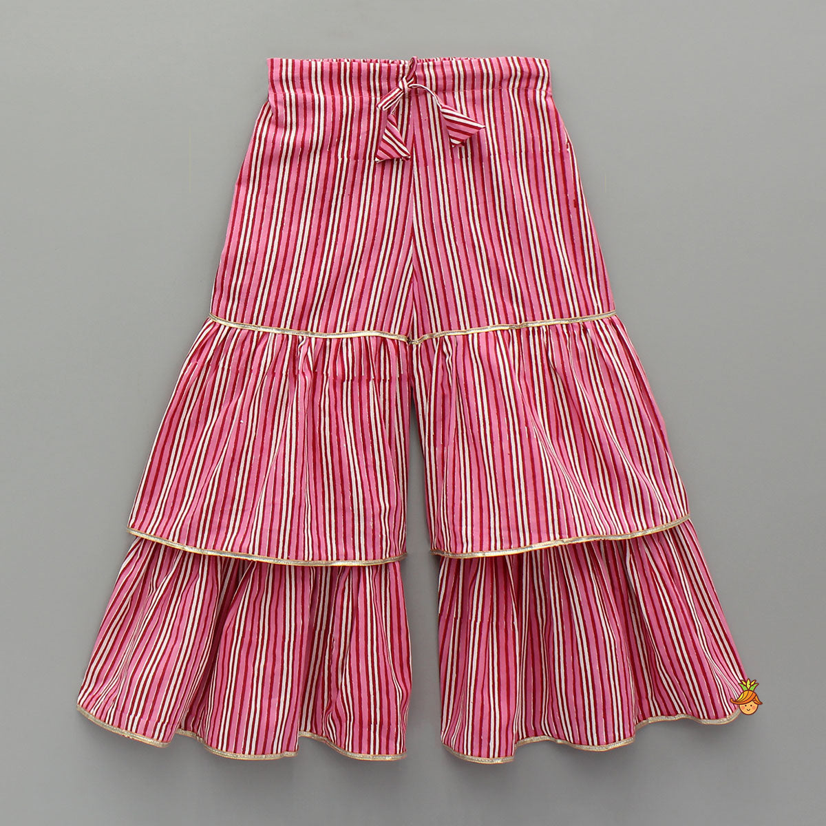 Blue Floral Printed Kurti With Pink Stripe Printed Layered Sharara