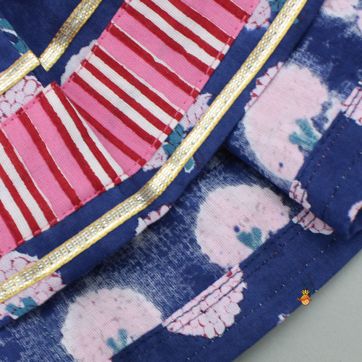 Blue Floral Printed Kurti With Pink Stripe Printed Layered Sharara