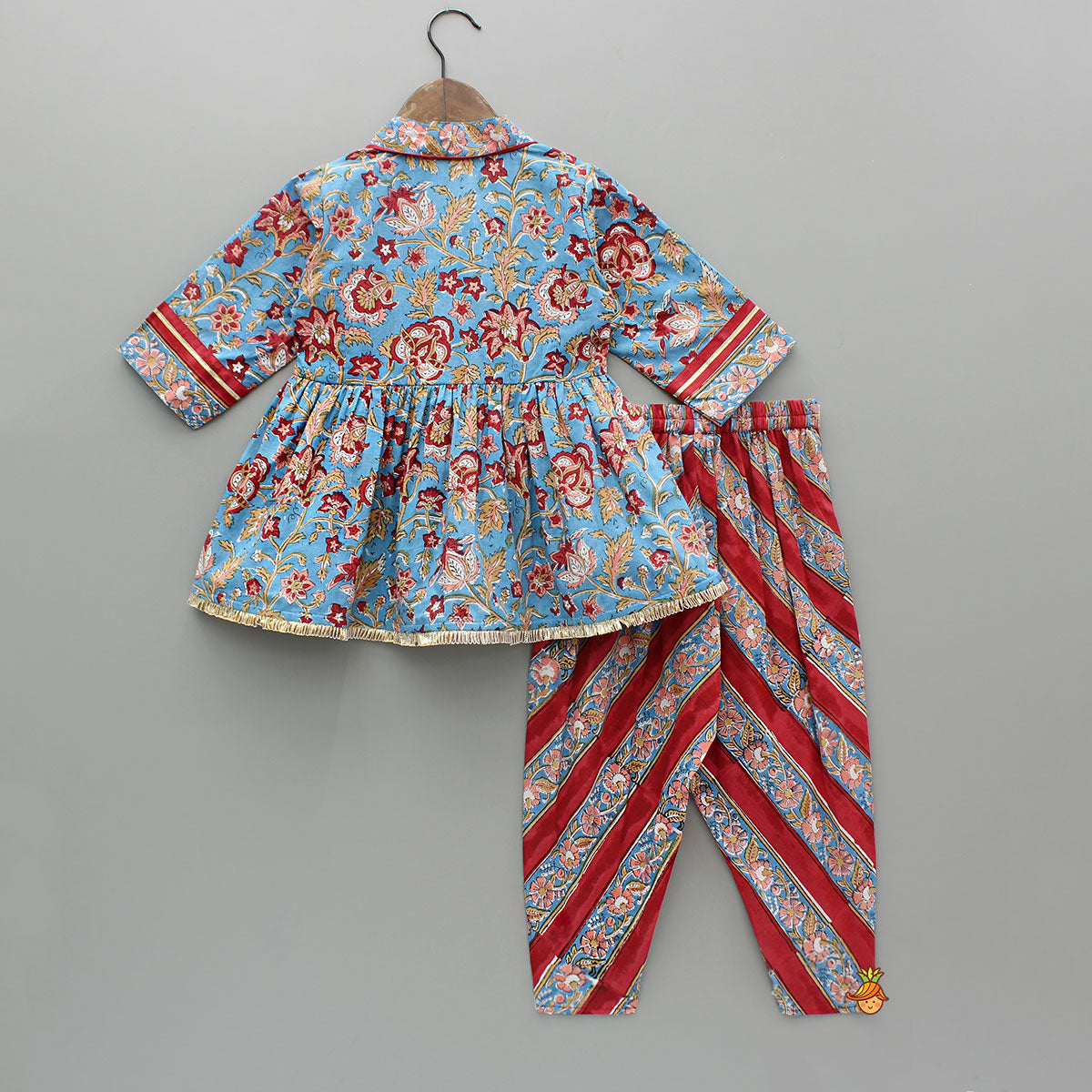 Hand Block Printed Blue And Red Gota Lace Work Kurti With Dhoti Style Pant