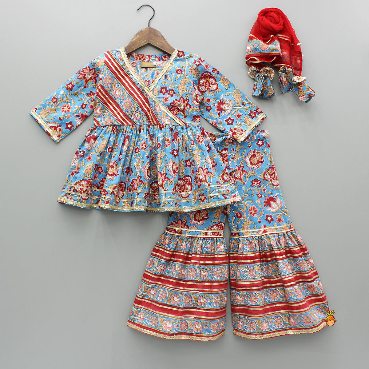 Floral Printed Embellished Top With Sharara And Dupatta