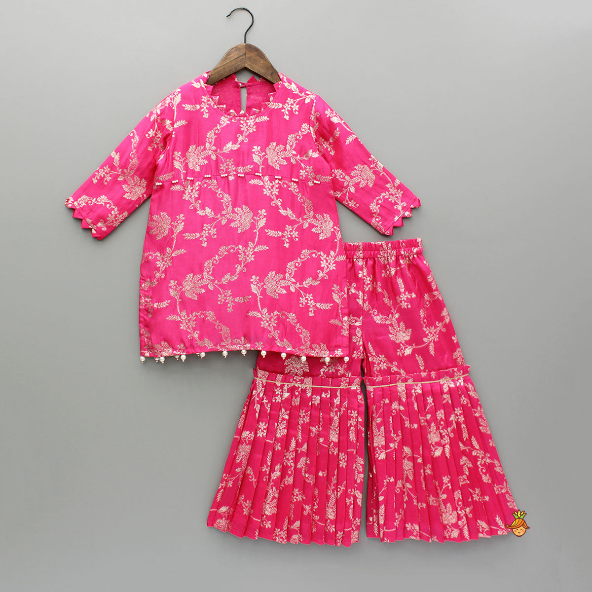 Pre Order: Pink Brocade Embellished Kurti And Sharara