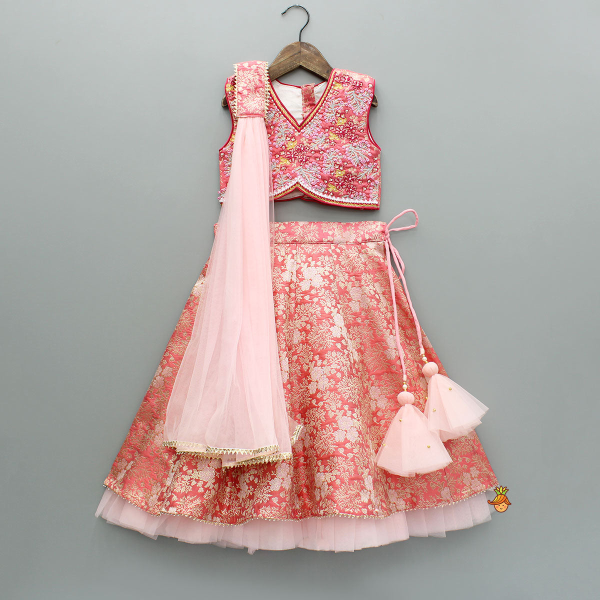 Pre Order: Peach Embroidered Top And Lehenga With Dupatta