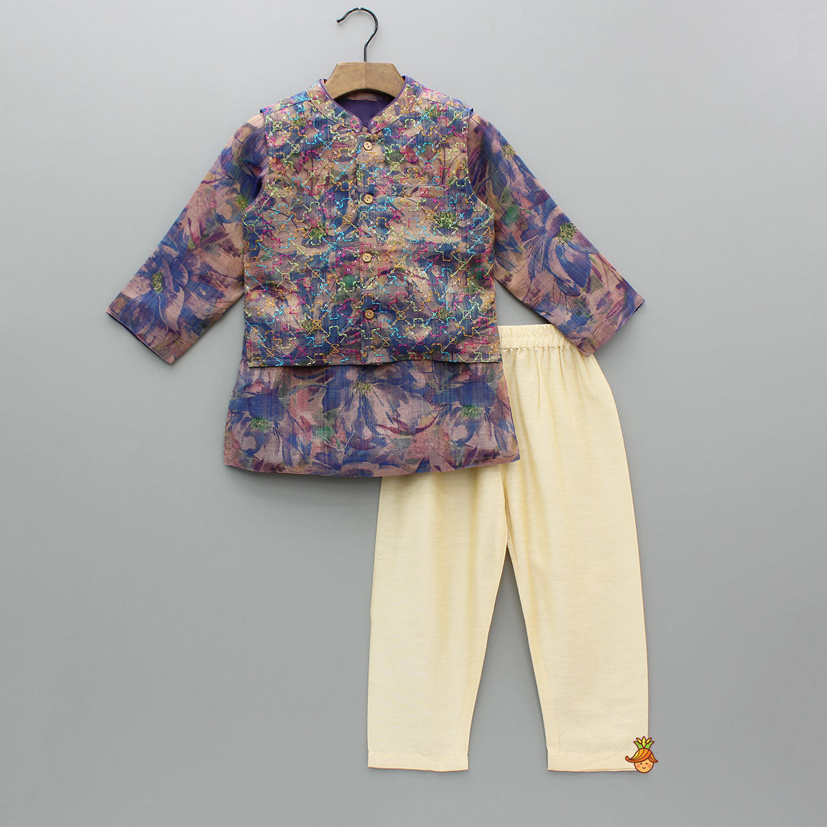 Purple Multicolour Printed Kurta With Embroidered Jacket And Pyjama