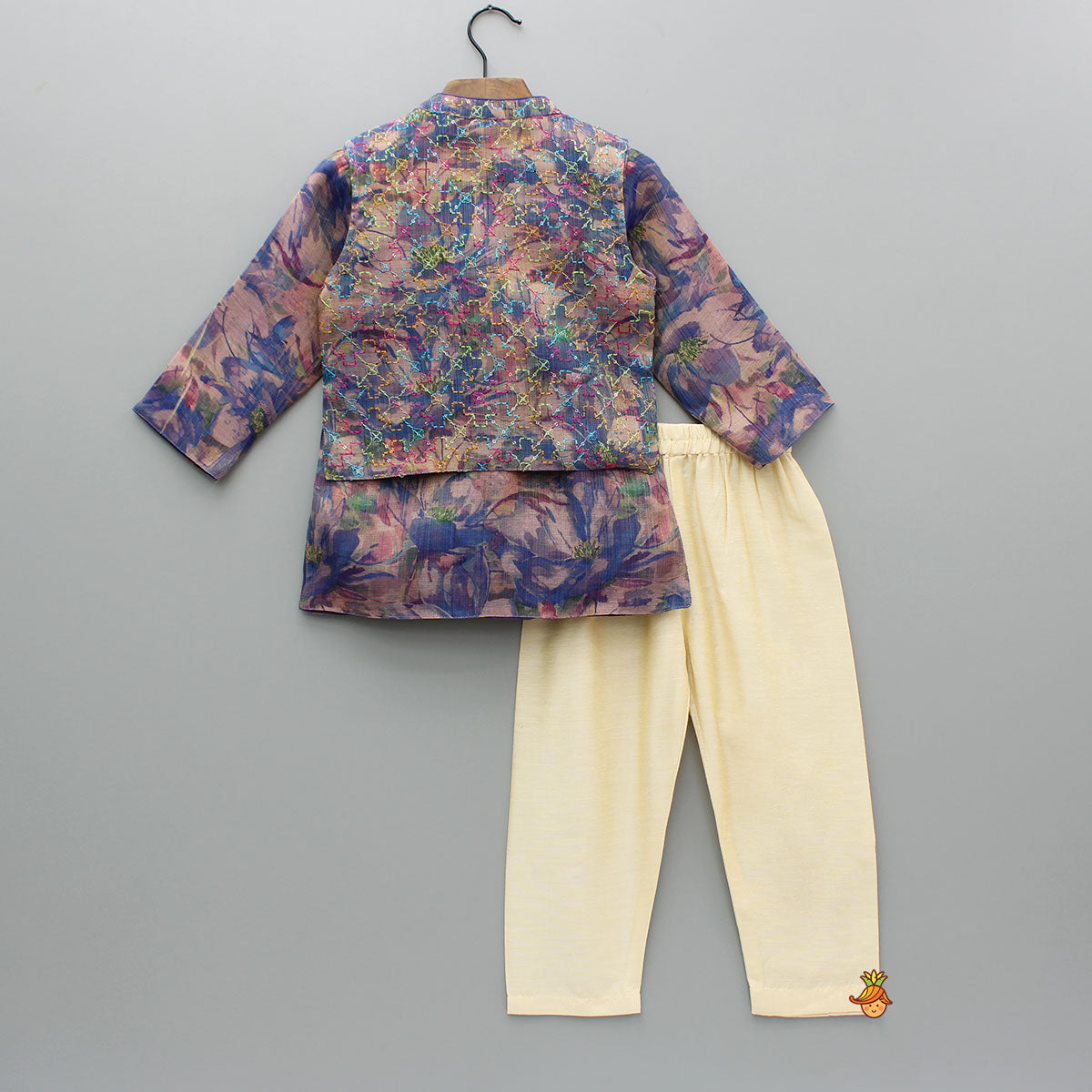 Purple Multicolour Printed Kurta With Embroidered Jacket And Pyjama